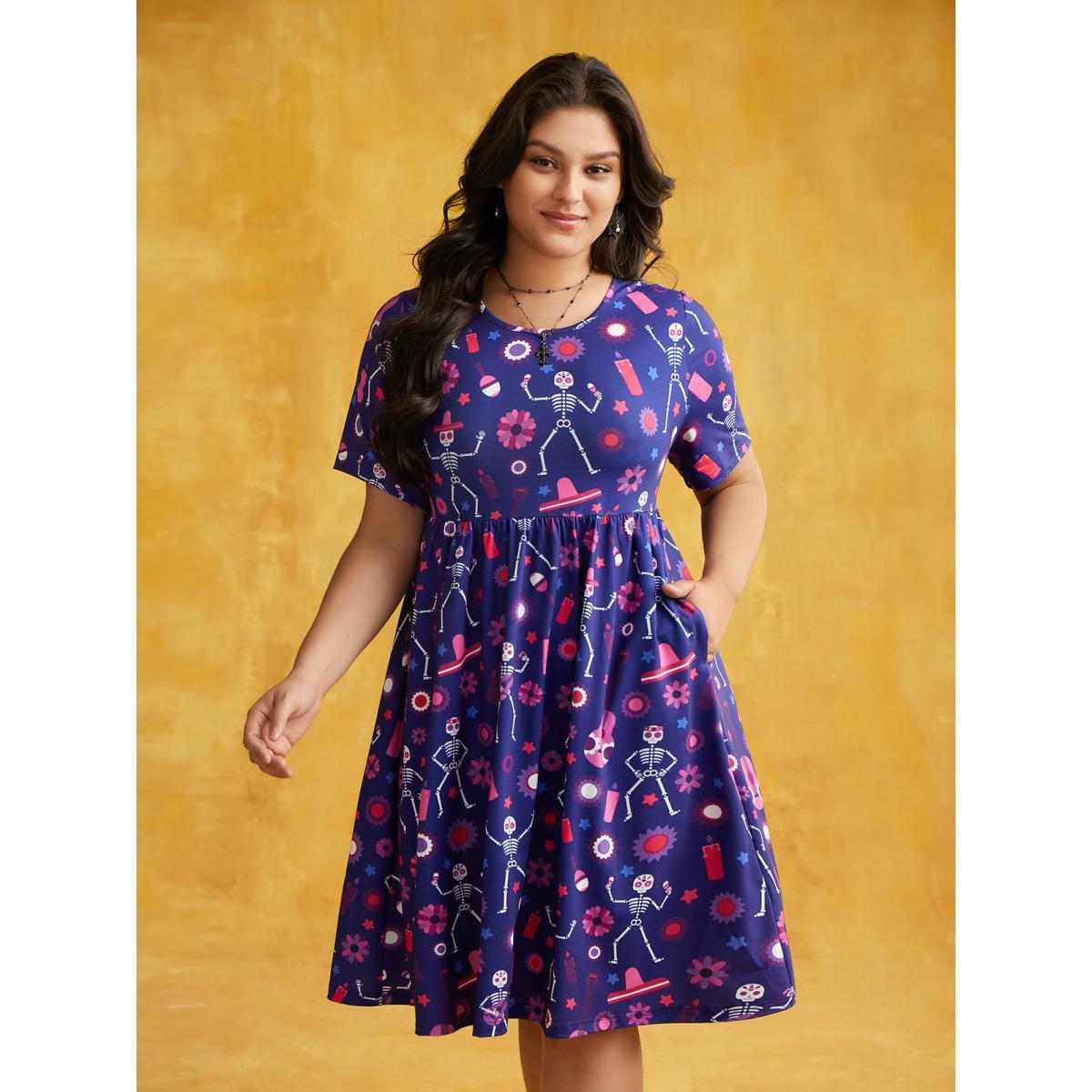 Plus Size Musical Skeleton Waist-Cinching Dress DarkBlue Women Cocktail Non Party Curvy Bloomchic 26/4X Product Image