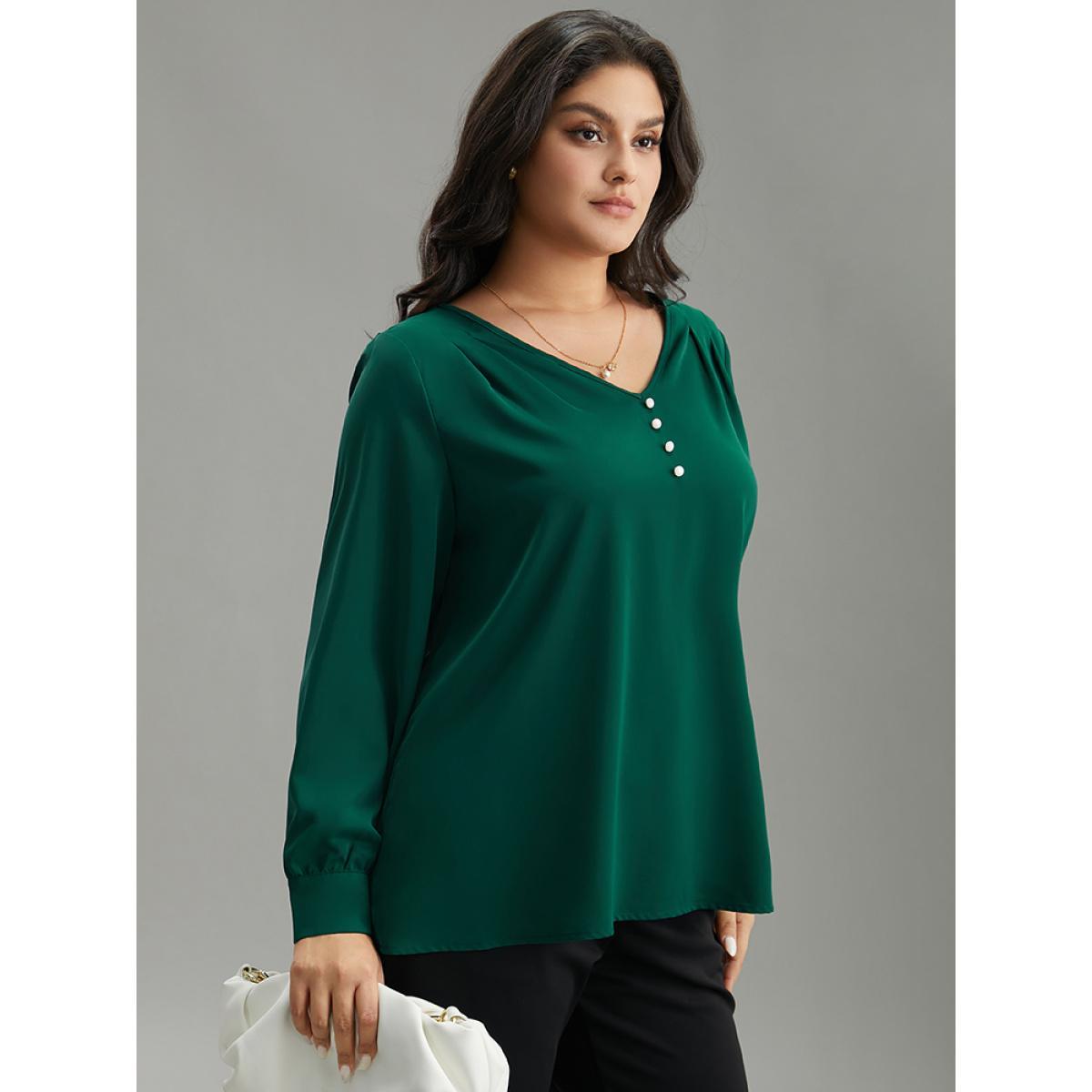 Plus Size DarkGreen Static-Free Button Detail Pleated Blouse Women Office Long Sleeve V-neck Work Blouses BloomChic 22-24/3X Product Image