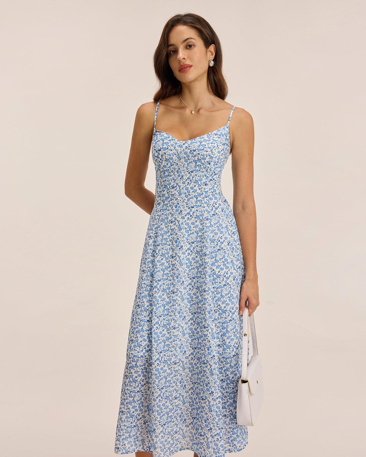 Blue Floral V Neck Shirred Slip Midi Dress Product Image