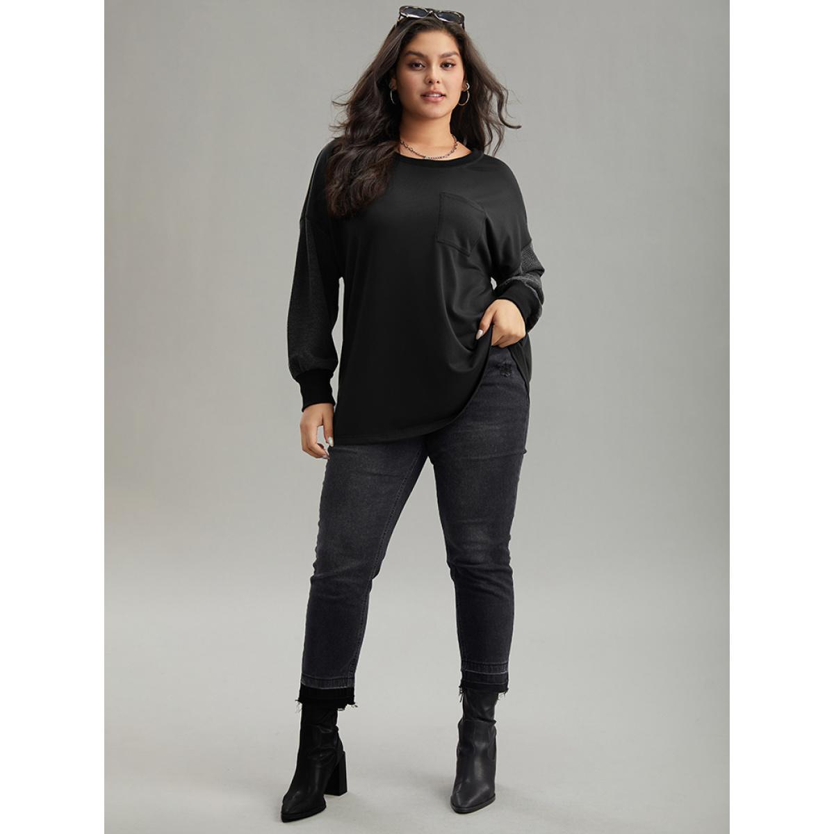 Plus Size Two Tone Patched Pocket Drop Shoulder Sweatshirt Women Black Casual Elastic cuffs Round Neck Everyday Sweatshirts BloomChic 30/6X Product Image