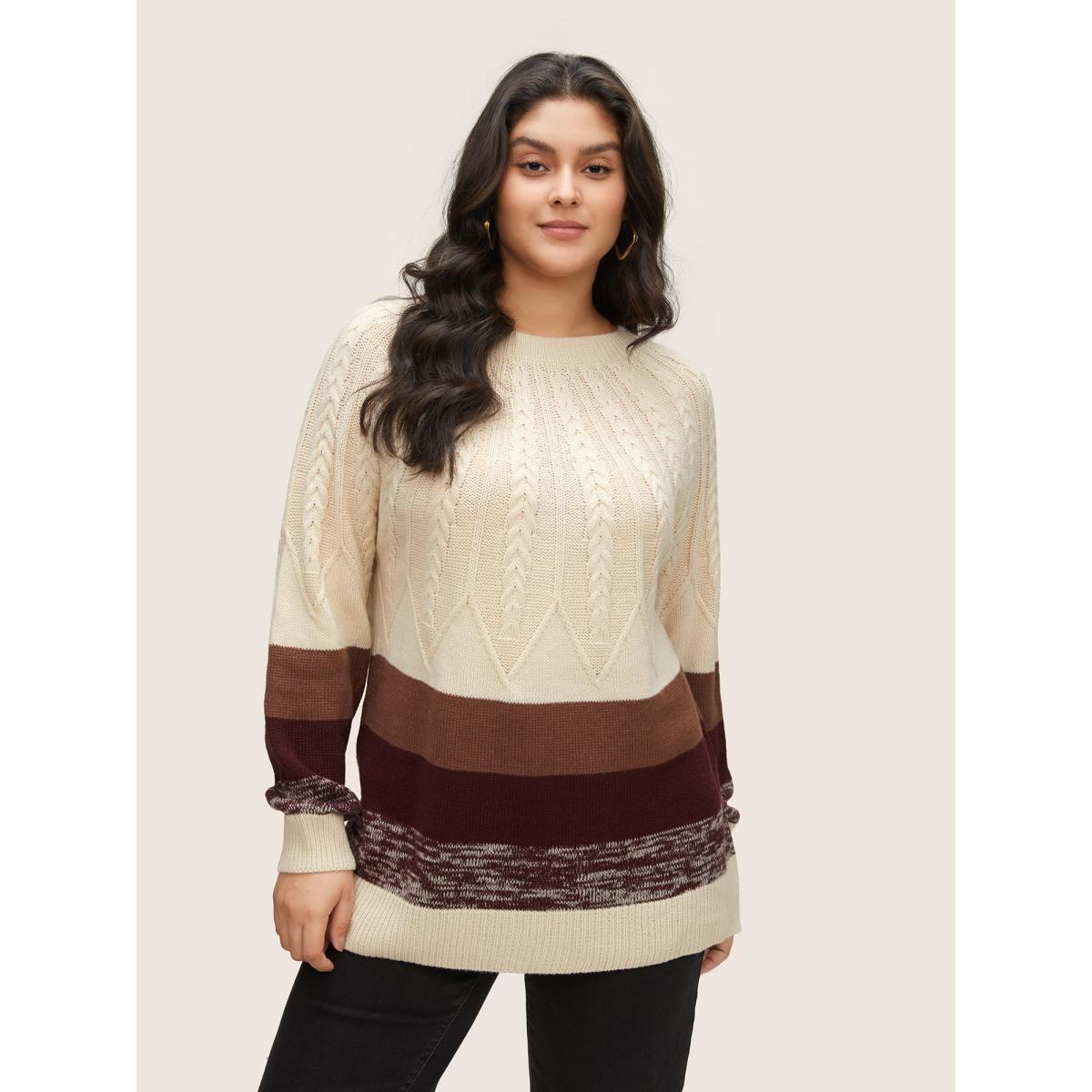 Plus Size Colorblock Contrast Cable Knit Raglan Sleeve Pullover Apricot Women Casual Loose Long Sleeve Round Neck Dailywear Pullovers BloomChic 28/5X Product Image