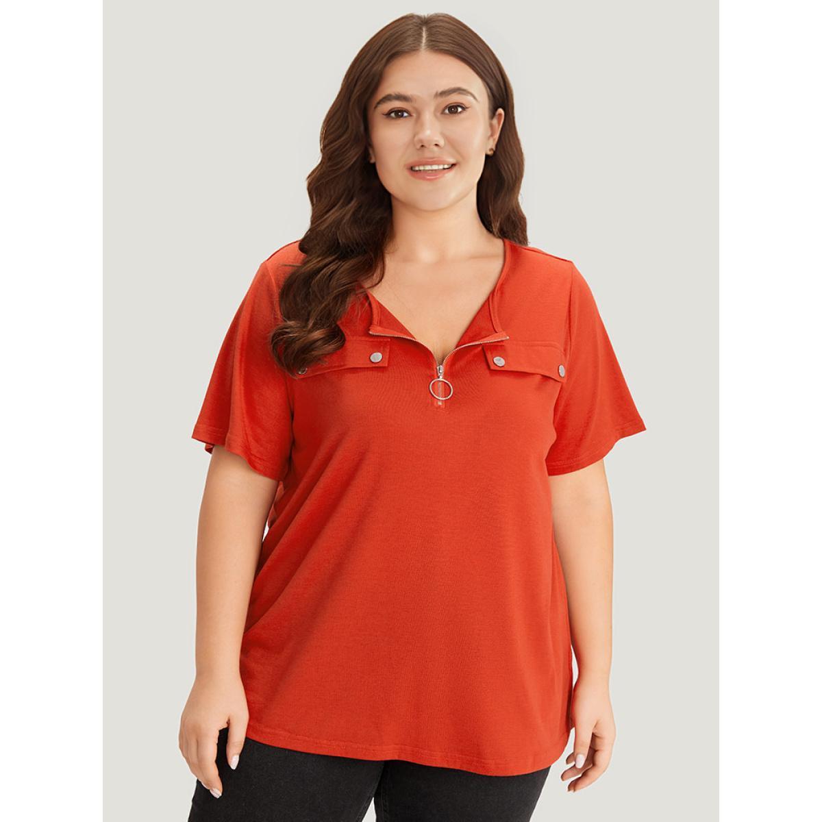 Plus Size plain Ring Zipper Patchwork T-shirt OrangeRed Women Casual Zipper Plain Open Front Dailywear T-shirts BloomChic 14-16/1X Product Image
