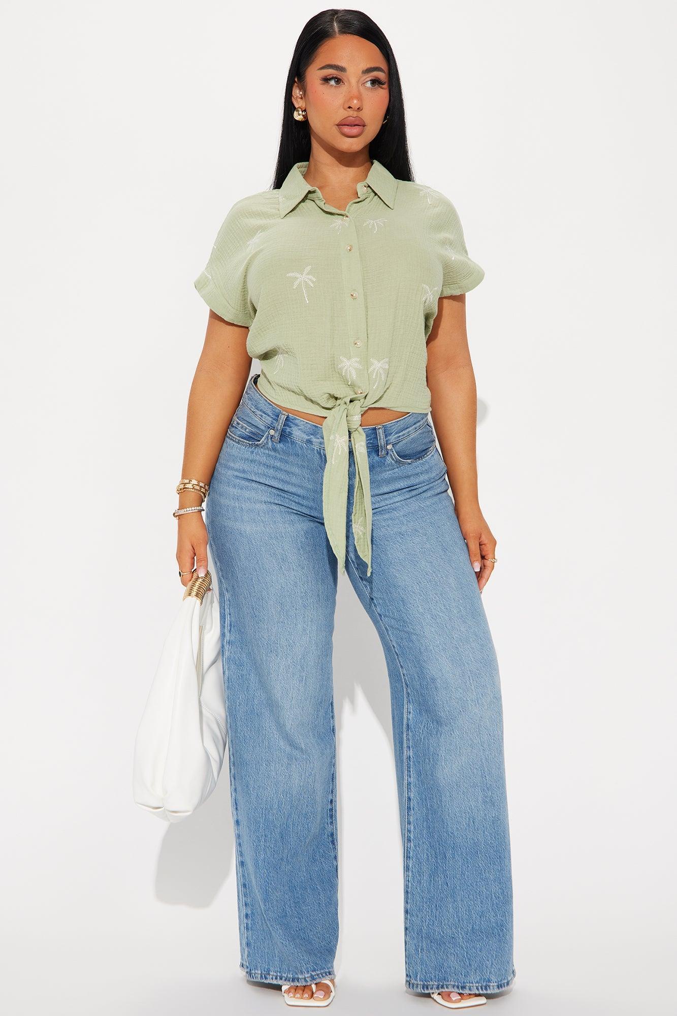 Palm Beach Tie Front Shirt - Sage Product Image