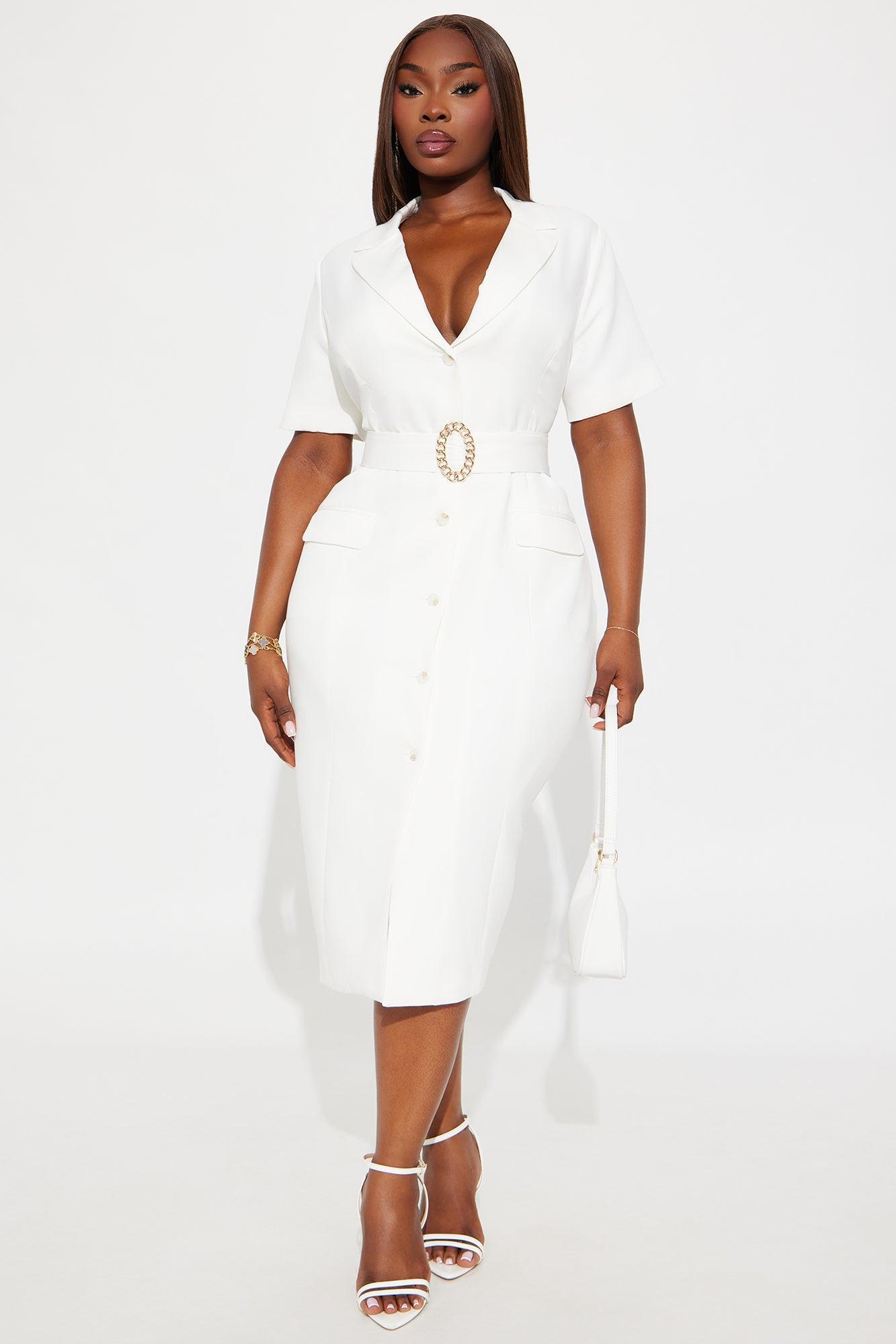 Ethel Belted Shirt Midi Dress - White Product Image