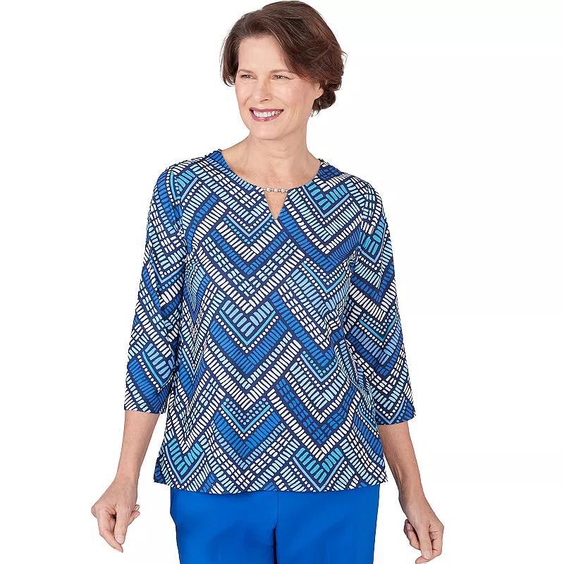 Alfred Dunner Womens Tradewinds Geometric Tile Split Neck Top Product Image