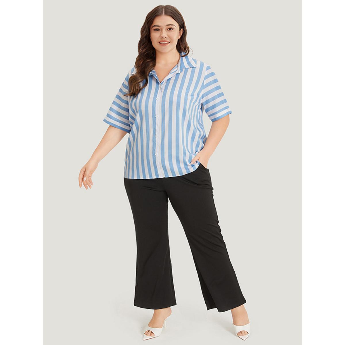 Plus Size Multicolor Striped Shirt Collar Button Through Blouse Women Vacation Half Sleeve Shirt collar Work Blouses BloomChic 14-16/1X Product Image