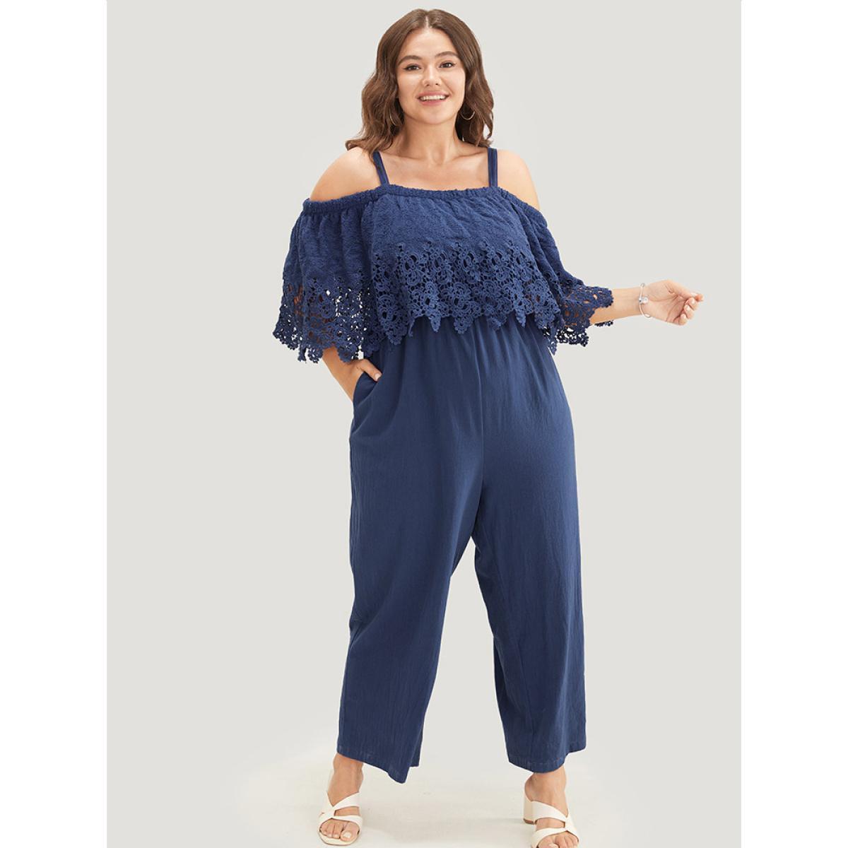 Plus Size Navy Plain Lace Trim Pocket Cold Shoulder Jumpsuit Women Elegant Short sleeve Cold Shoulder Dailywear Loose Jumpsuits BloomChic 22-24/3X Product Image