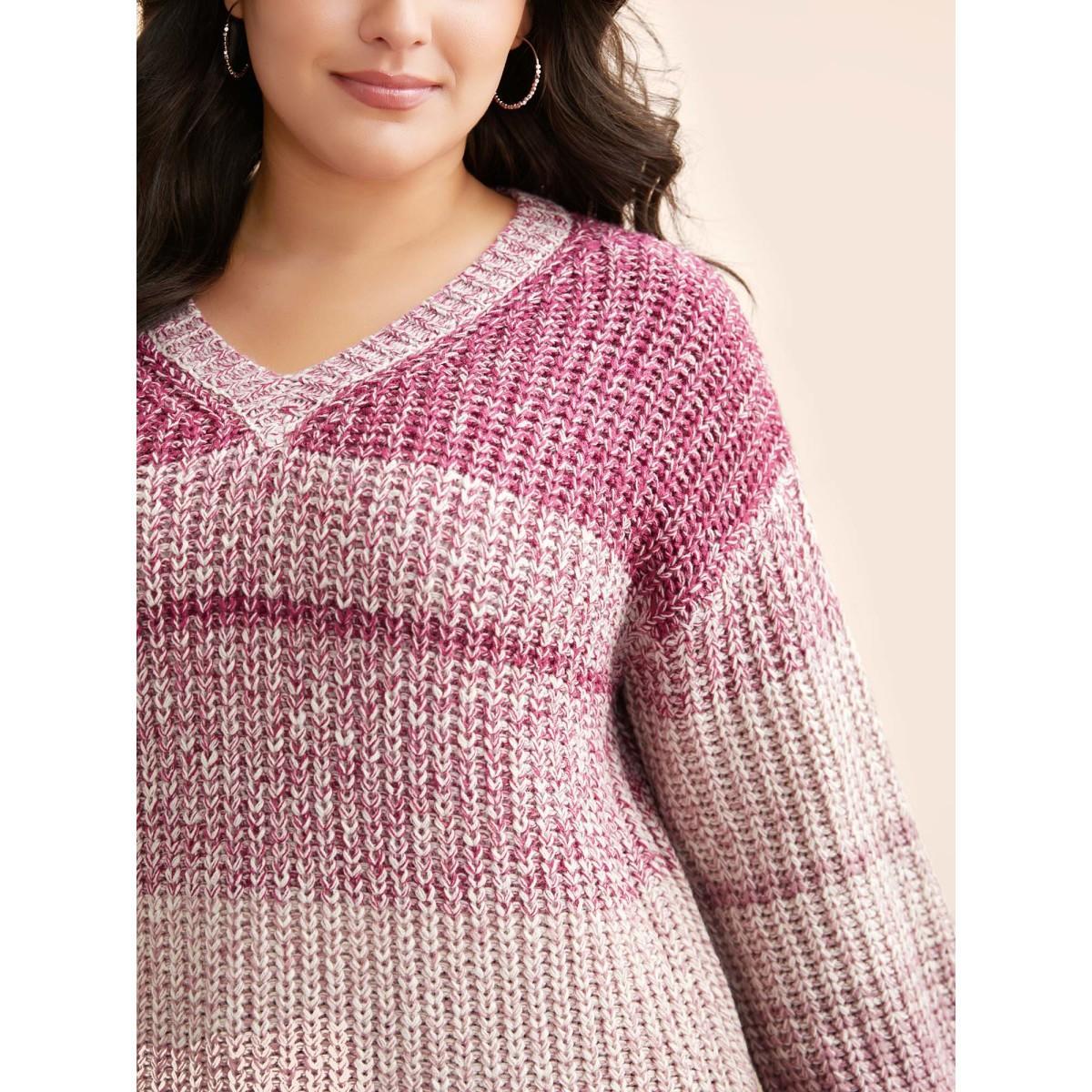 Plus Size Colorblock Contrast Puff Sleeve Pullover Peach Women Casual Loose Long Sleeve V-neck Everyday Pullovers BloomChic 12/L Product Image
