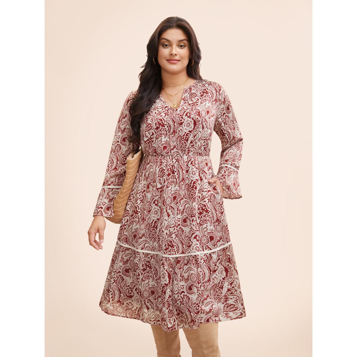 Plus Size Bandana Woven Ribbon Bell Sleeve Dress Scarlet Women Resort Woven ribbon&lace trim Notched collar Long Sleeve Curvy BloomChic 22-24/3X Product Image