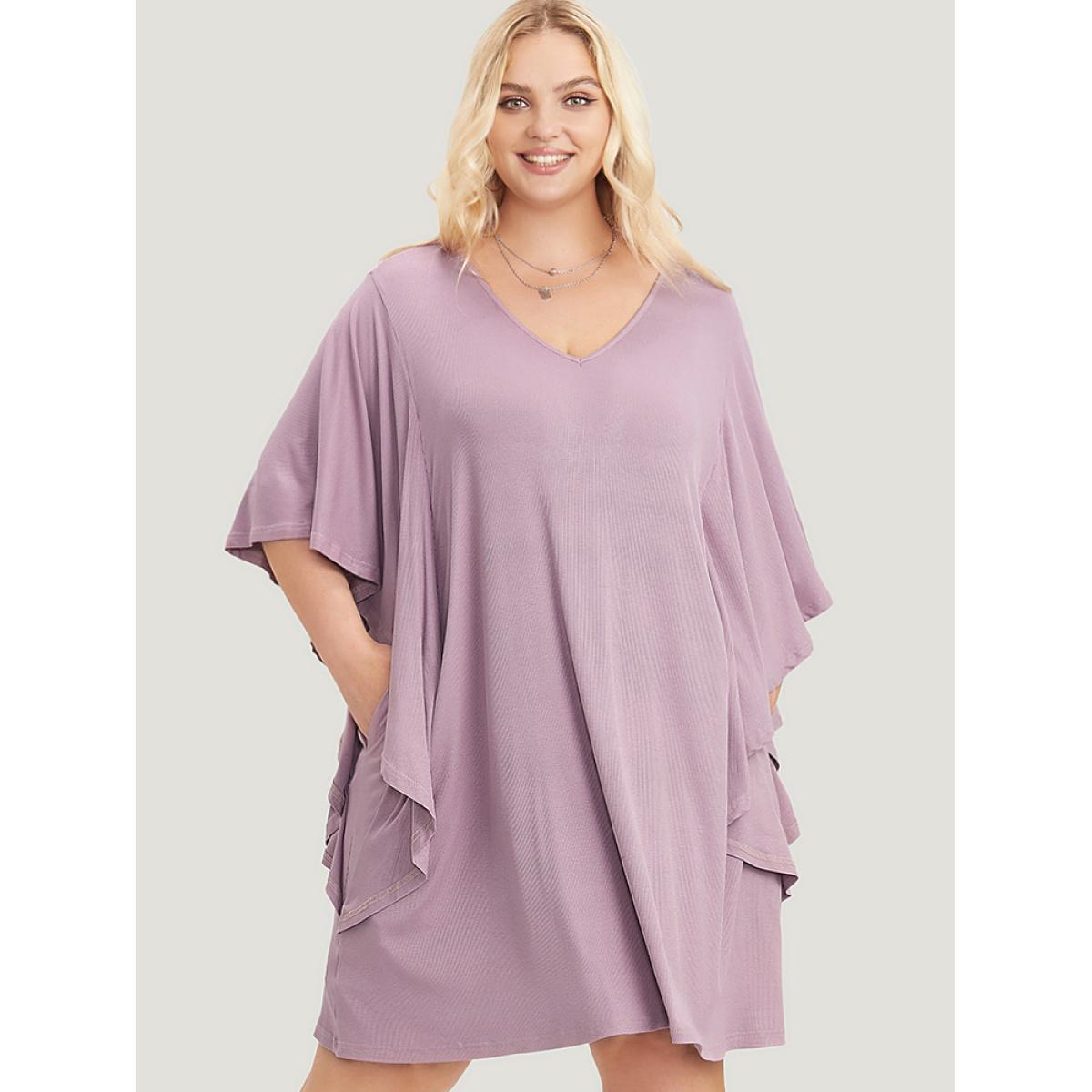 Plus Size Solid Dolman Sleeve Ruffle Trim Pocket Rib Knit Knee Dress Mauve Women Casual Pocket V-neck Half Sleeve Curvy Knee Dress BloomChic 30/6X Product Image