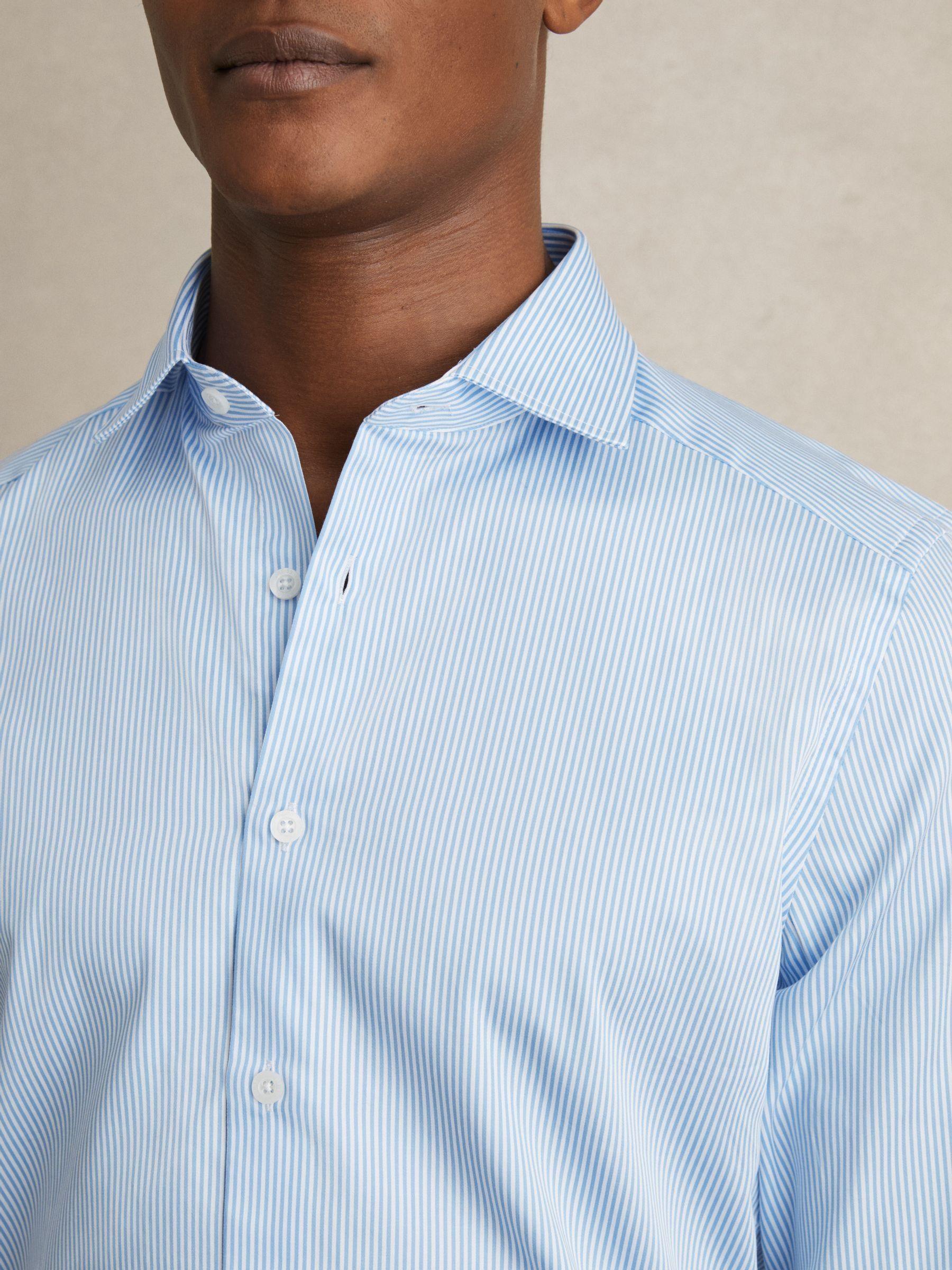 Slim Fit Cotton-Satin Cutaway-Collar Shirt in Blue Stripe Product Image