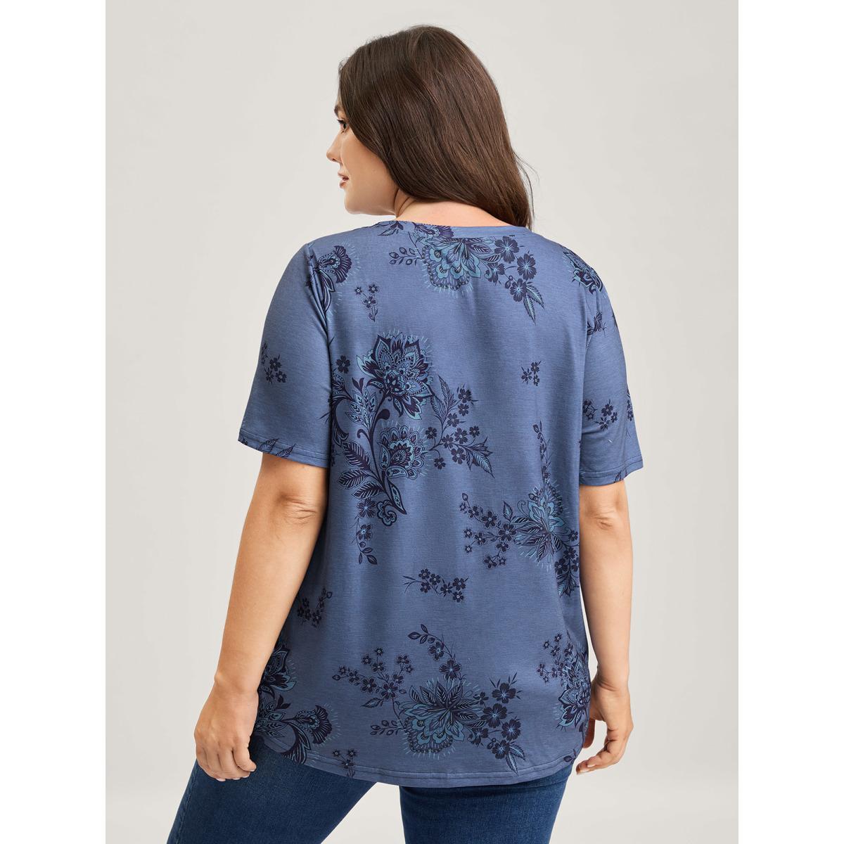 Plus Size Floral V-Neck Drapey T-Shirt Cerulean Women Non V-neck Everyday-Casual T-shirts BloomChic 28/5X Product Image