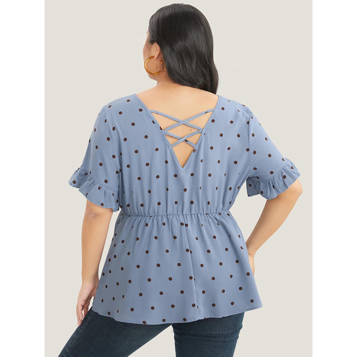 Plus Size Stone Polka Dot Crisscross Back Ruffles Trim T-shirt Women Elegant Short sleeve Round Neck Dailywear Blouses BloomChic 14-16/1X Product Image