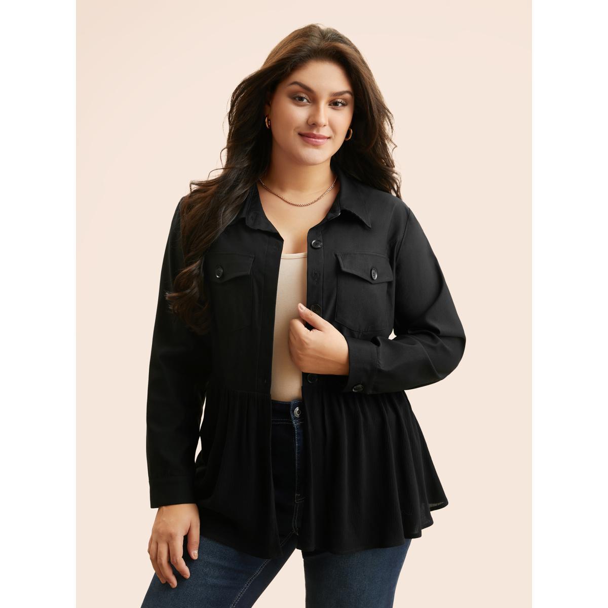 Plus Size Shirt Collar Flap Detail Gathered Jacket Women Black Gathered Everyday Jackets BloomChic 28/5X Product Image