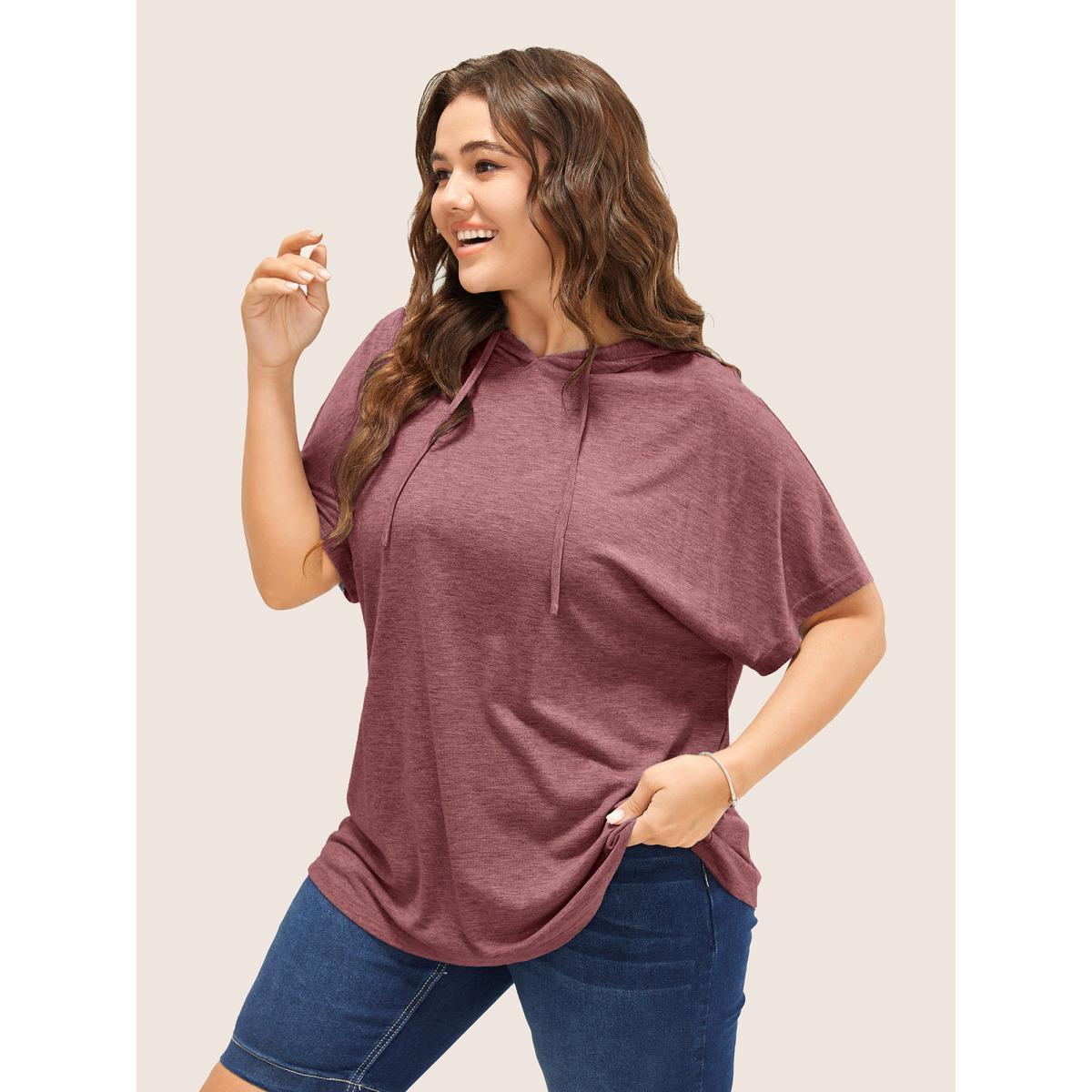 Plus Size Solid Batwing Sleeve Drawstring Hooded T-shirt Russet Women Casual Drawstring Plain Hooded Everyday T-shirts BloomChic 18-20/2X Product Image