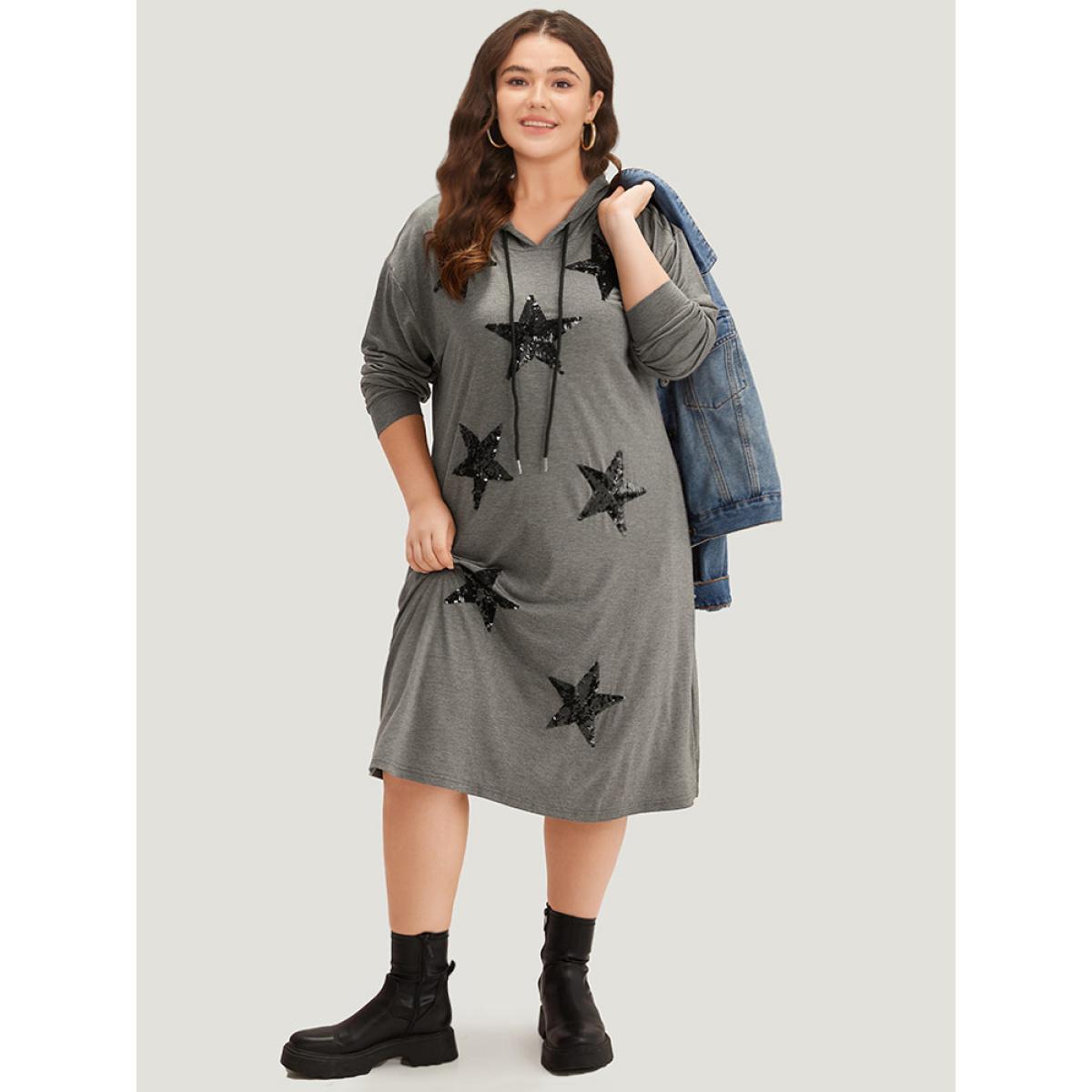 Plus Size Star Sequin Drawstring Pocket Hooded Dress DimGray Women Casual Plain Hooded Long Sleeve Curvy Midi Dress BloomChic 14-16/1X Product Image