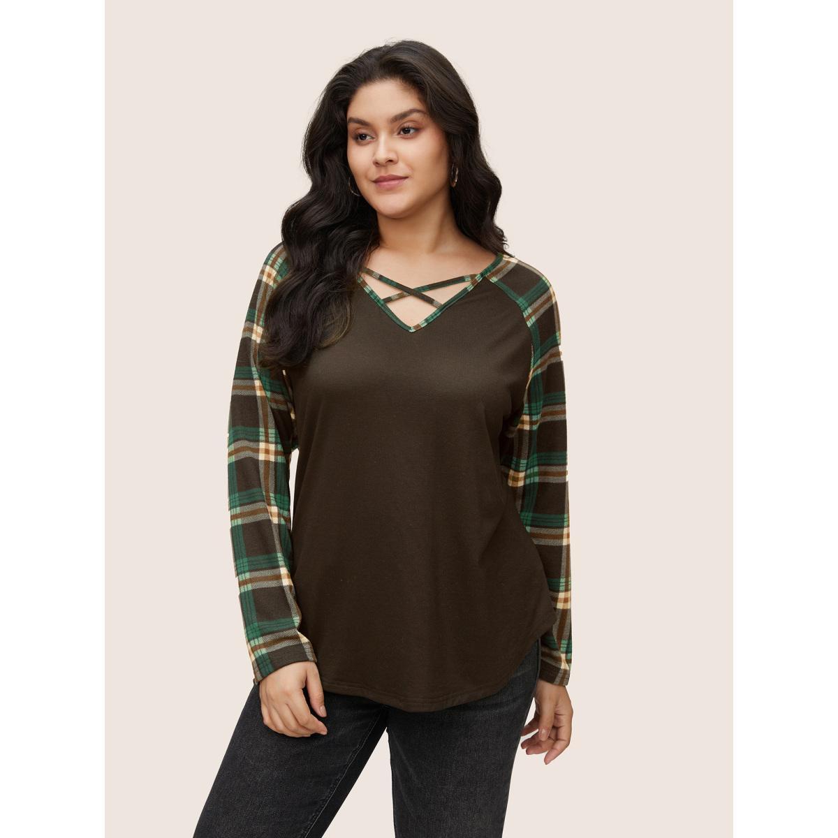 Plus Size Plaid Patchwork Raglan Sleeve Crisscross T-shirt DarkBrown Women Casual Patchwork Plaid V-neck Dailywear T-shirts BloomChic 10/M Product Image