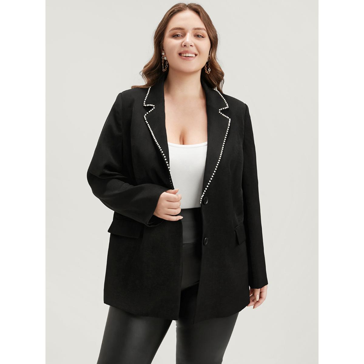 Plus Size Solid Beaded Button Up Flap Pocket Blazer Black Women Work Plain Beaded Sleeve Long Sleeve Suit Collar 30/6X Pocket Office Blazers BloomChic Product Image