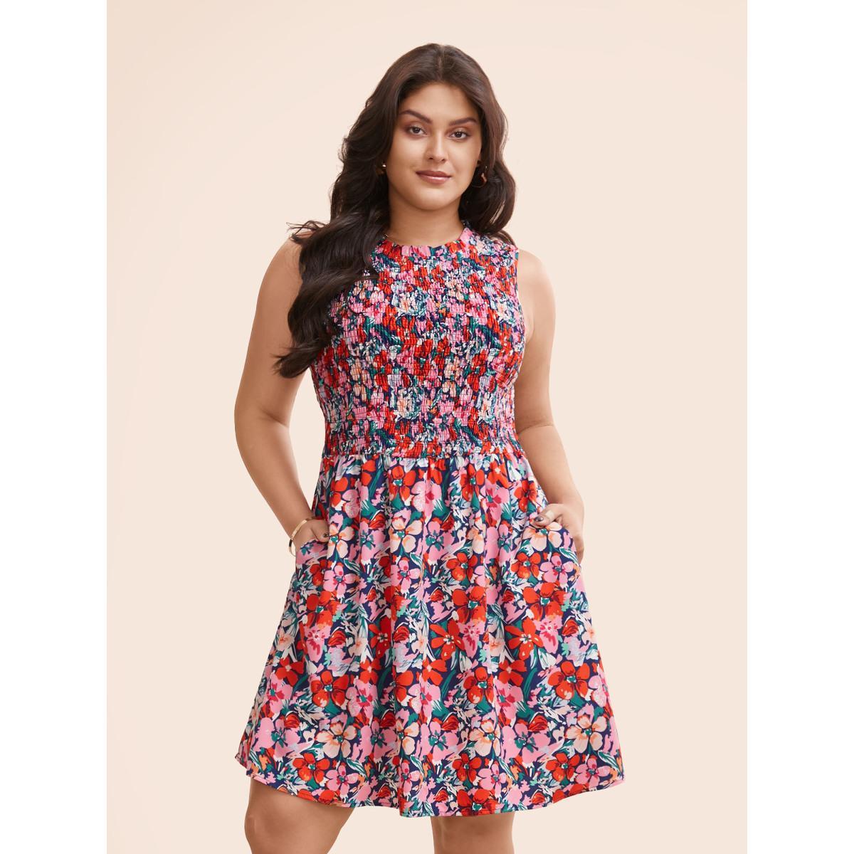 Plus Size Floral Shirred Frill Trim Tank Dress Navy Women Elegant Frill Trim Round Neck Sleeveless Curvy BloomChic 30/6X Product Image