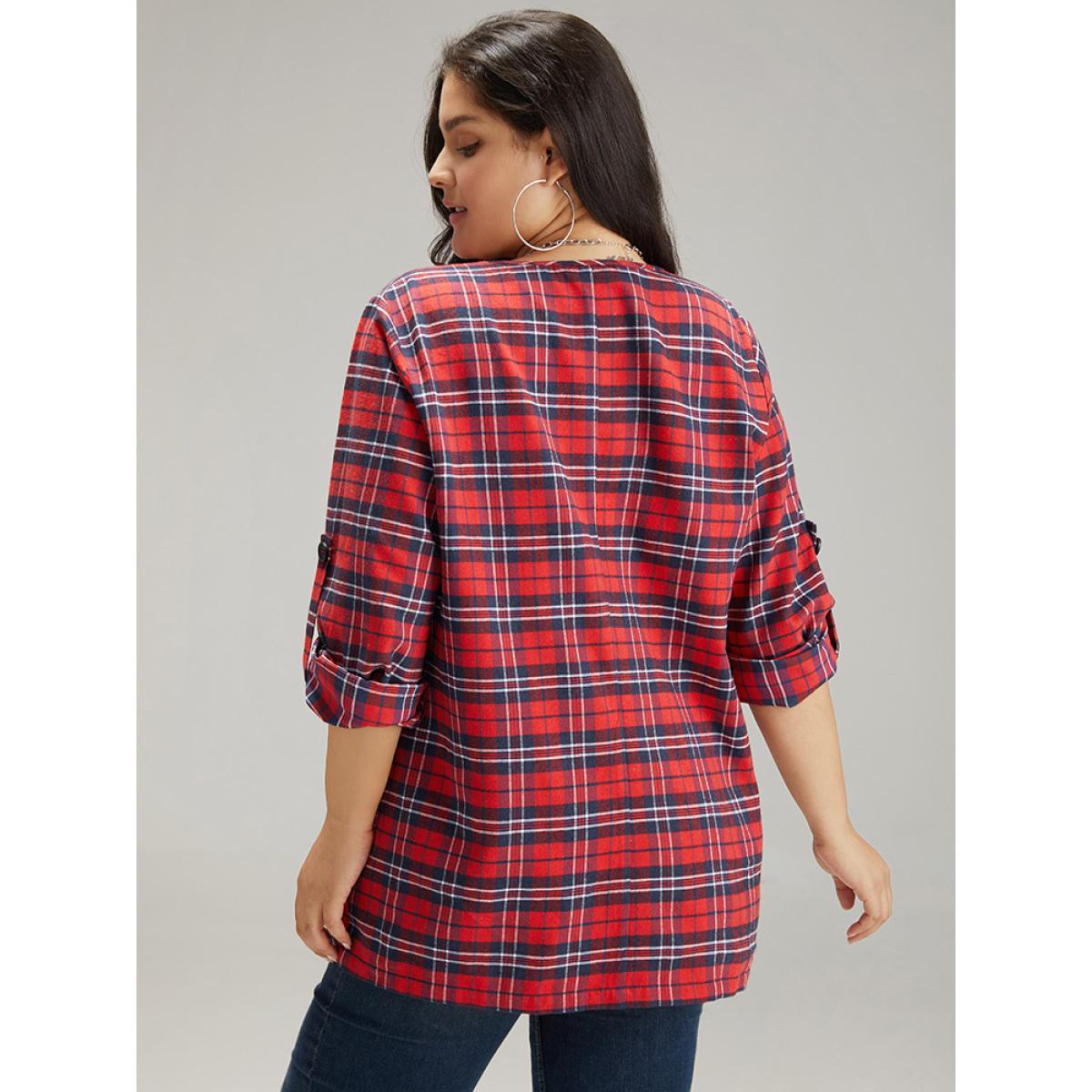 Plus Size Plaid Asymmetrical Hem Tab Sleeve Jacket Women Scarlet Button Dailywear Jackets BloomChic 10/M Product Image