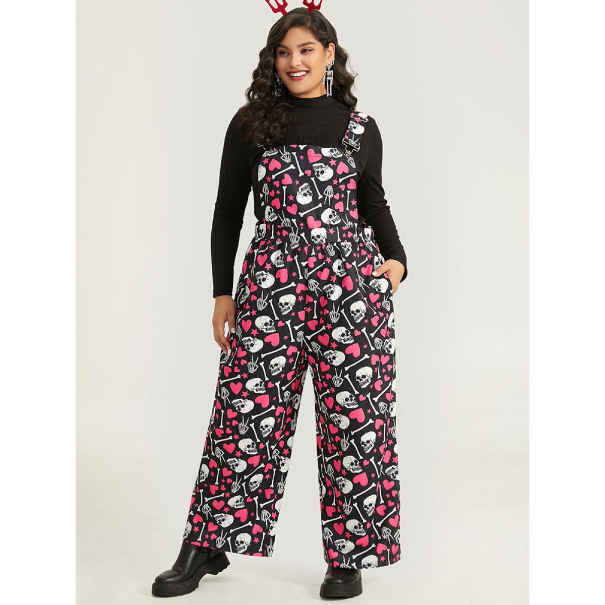 Plus Size Black Halloween Skull &Heart Print Pocket Gathered Jumpsuit Women Casual Sleeveless Spaghetti Strap Festival-Halloween Loose Jumpsuits BloomChic 10/M Product Image