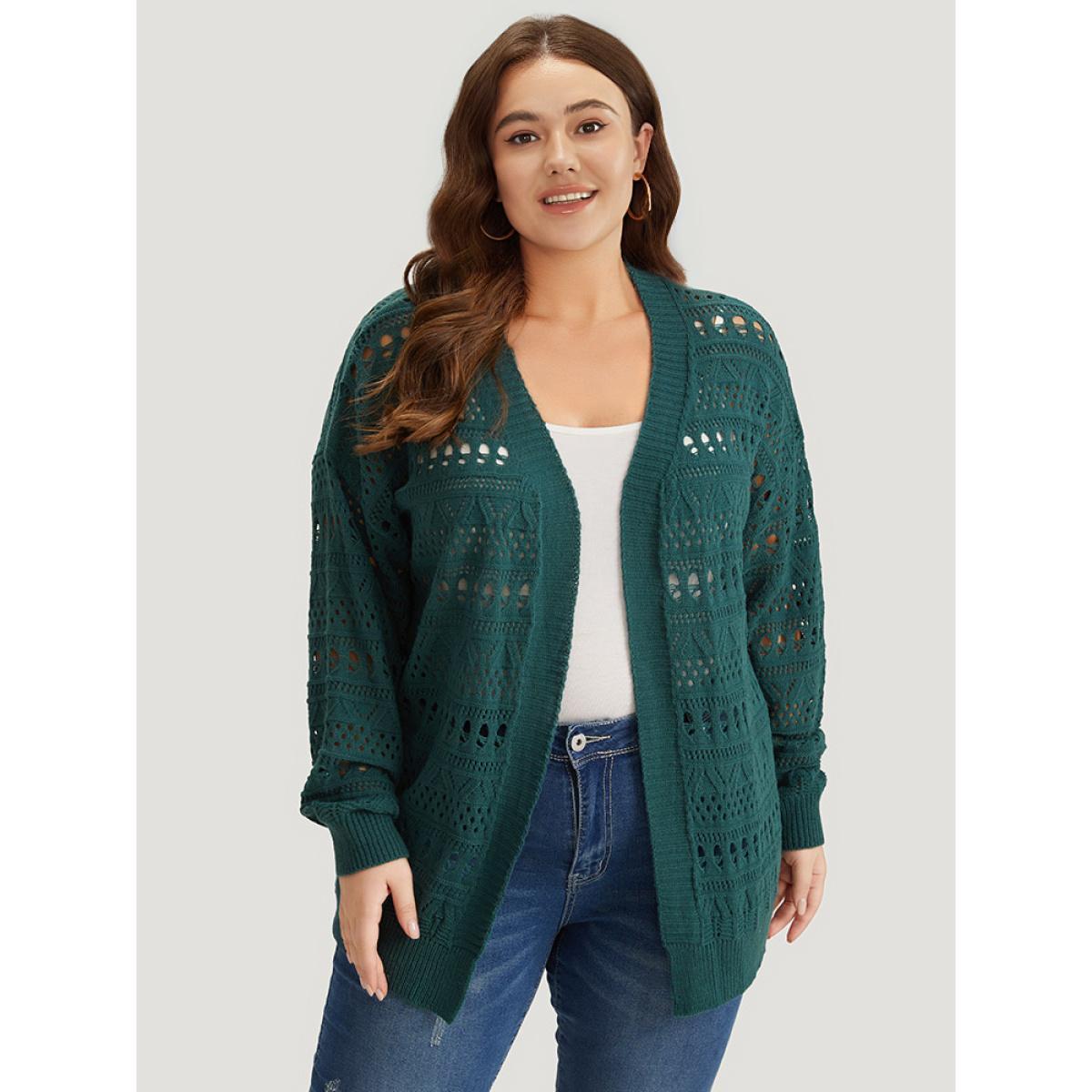Plus Size Geometric Eyelet Open Front Loose Cardigan Cyan Women Casual Loose Long Sleeve Work Cardigans BloomChic 10/M Product Image