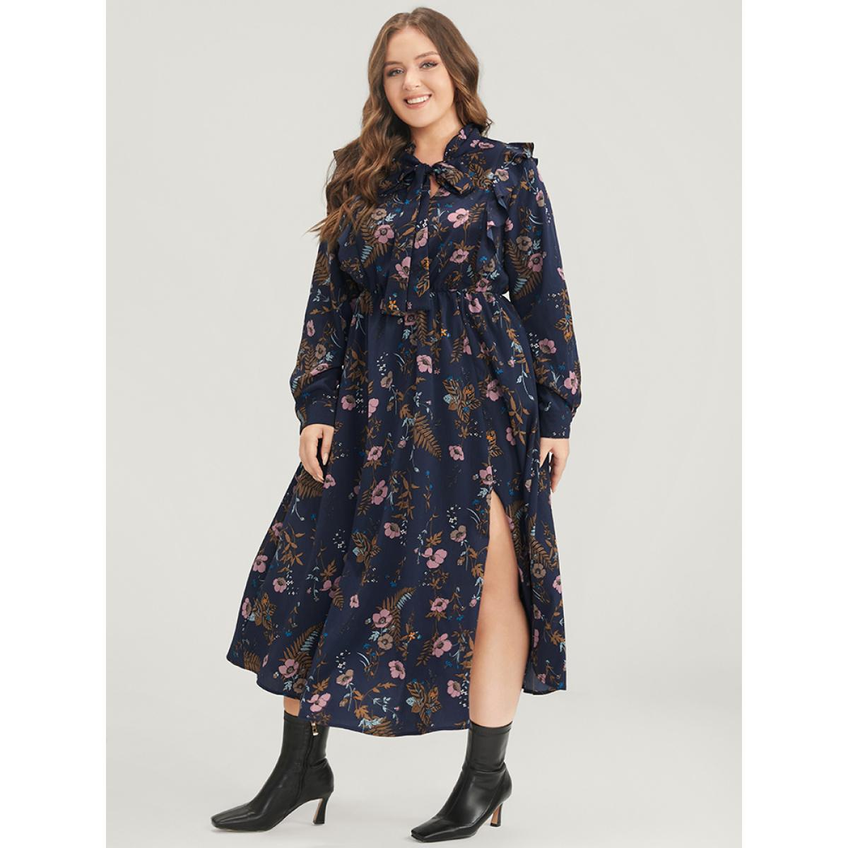 Plus Size Floral Pocket Knotted Neck Ruffle Trim Split Dress DarkBlue Women Elegant Knotted Tie Neck Long Sleeve Curvy Midi Dress BloomChic 10/M Product Image