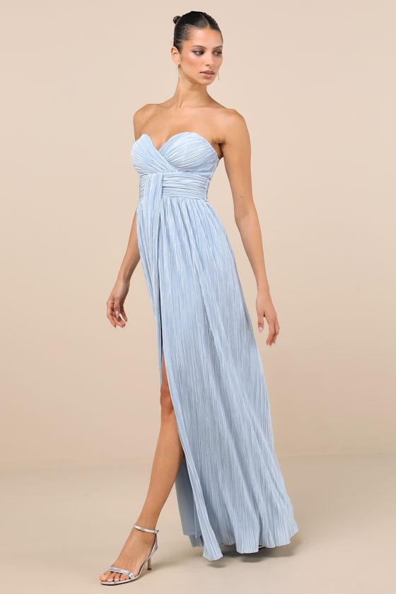 Oswin Light Blue Satin Plisse Strapless Maxi Dress Product Image