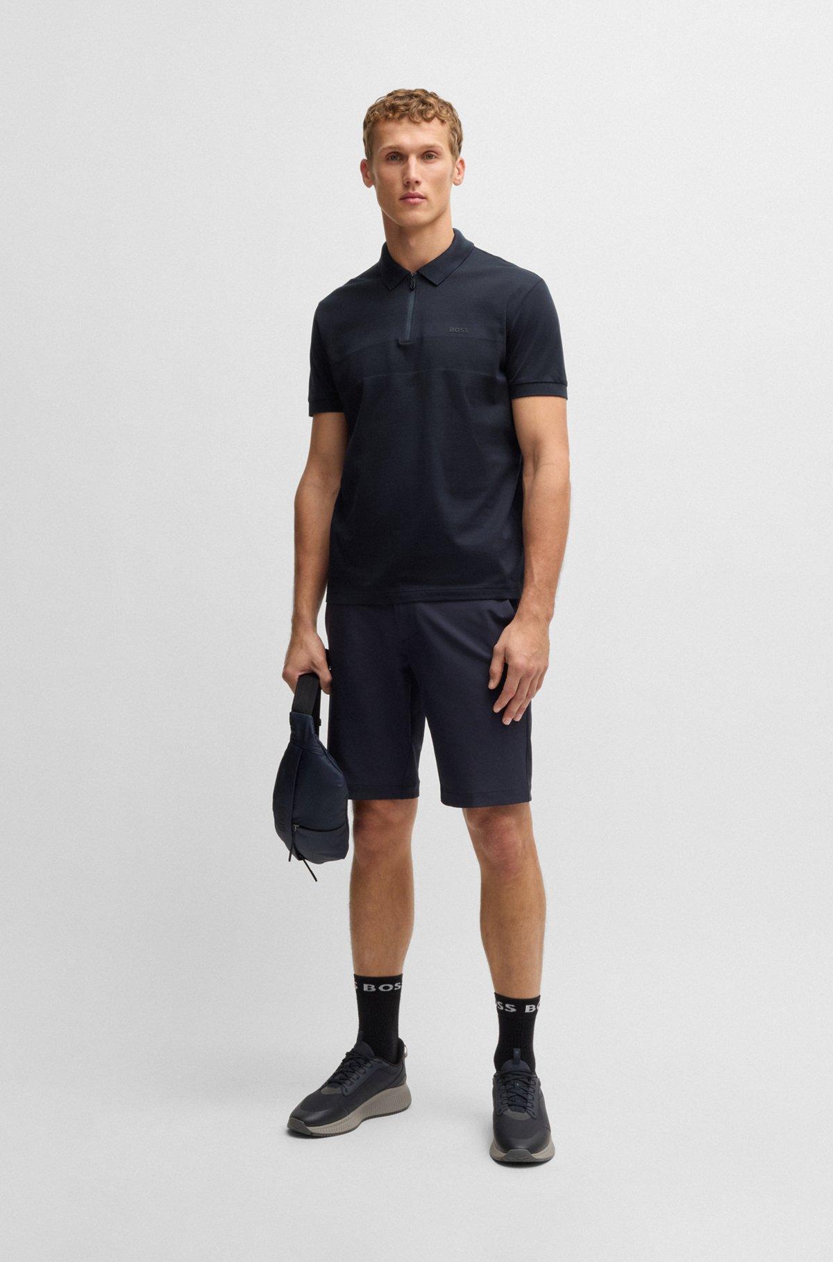 BOSS - Structured-cotton polo shirt with zip neck - Dark Blue Product Image