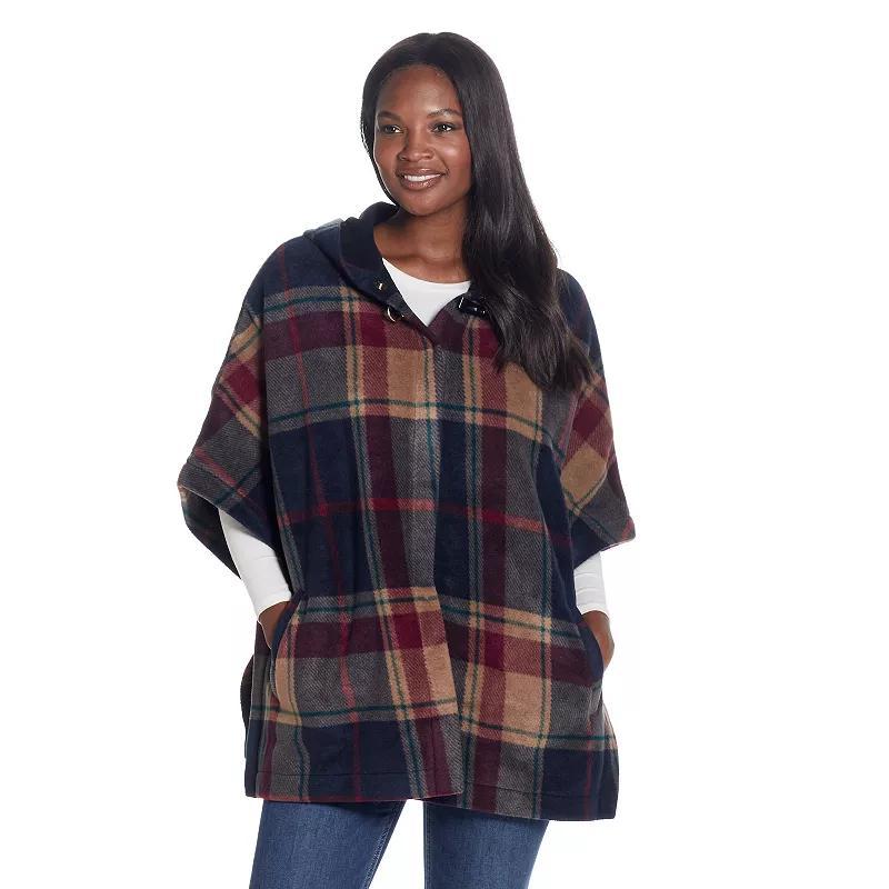 Women's Weathercast Hood Plaid Fleece Poncho, Grey Red Plaid Product Image