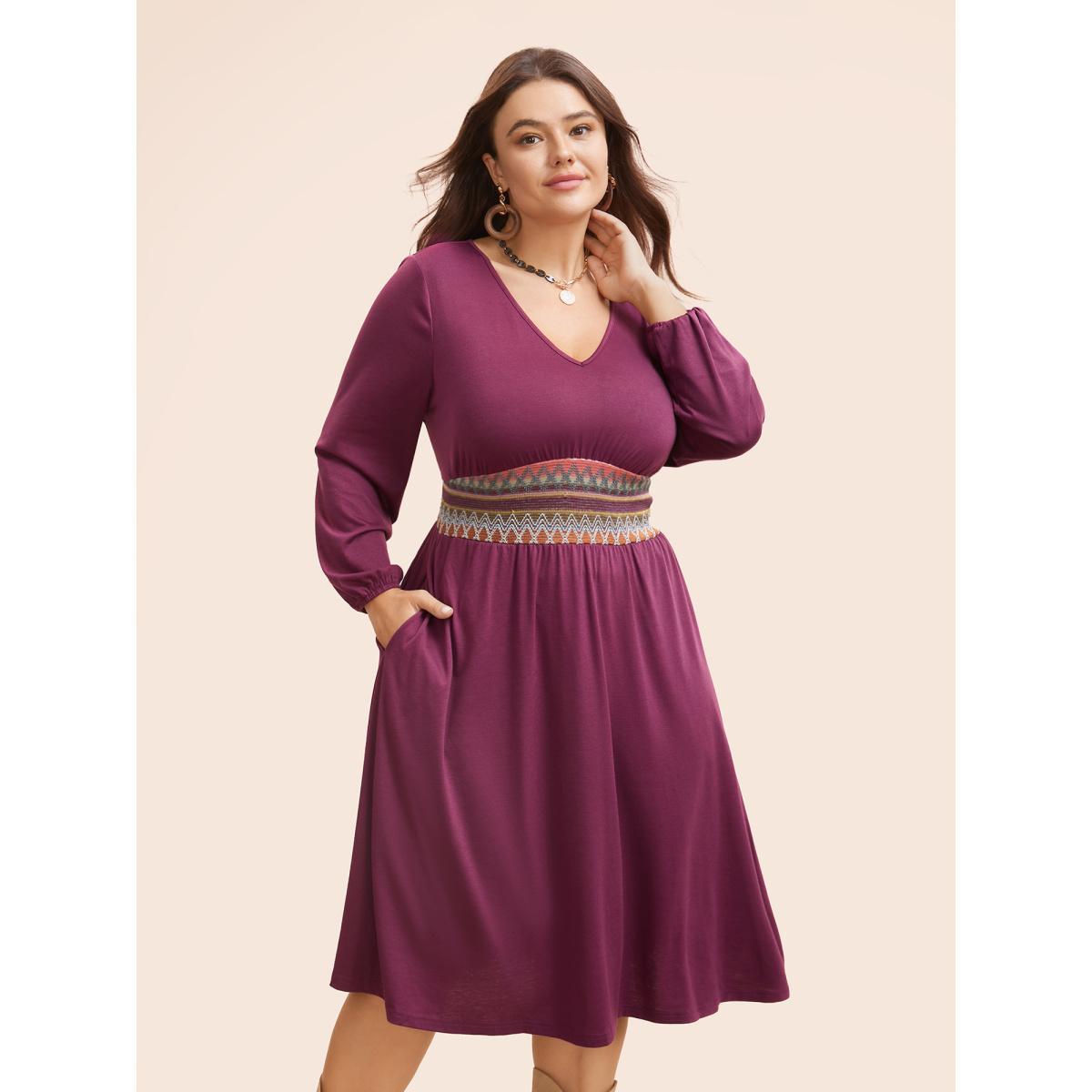 Plus Size V Neck Contrast Webbing Midi Dress RedViolet Women Resort Woven ribbon&lace trim V-neck Long Sleeve Curvy BloomChic 12/L Product Image