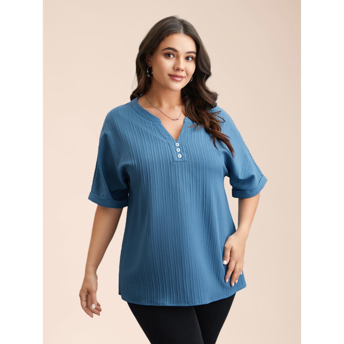 Plus Size Cerulean Notched Collar Textured Button Blouse Women Elegant Short sleeve V-neck Everyday Blouses BloomChic 14-16/1X Product Image