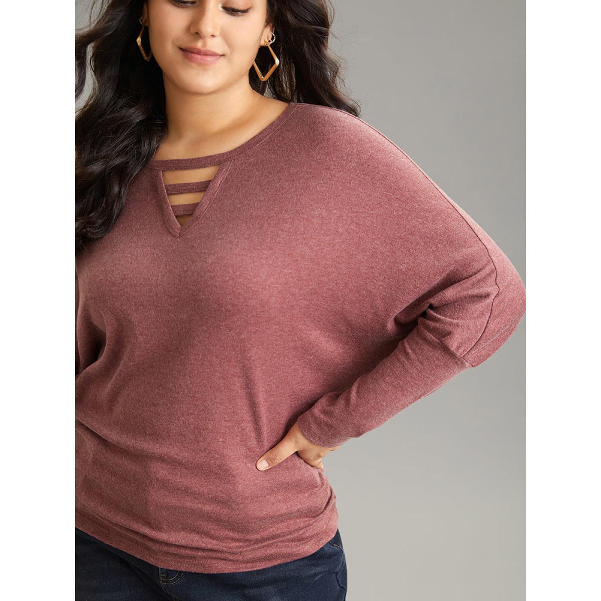 Plus Size Solid Heather Keyhole Batwing Sleeve T-shirt Russet Women Casual Plain Plain Keyhole Cut-Out Everyday T-shirts BloomChic 26/4X Product Image
