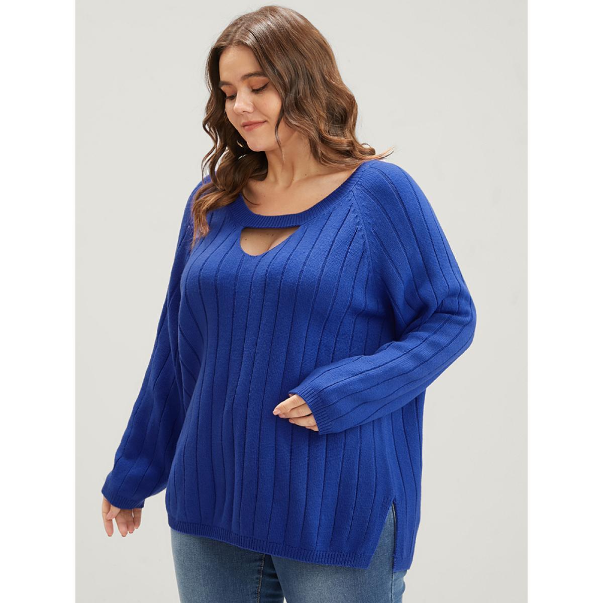 Plus Size Solid Pointelle Knit Cut Out Split Hem Rib Knit Top Aegean Women Elegant Loose Long Sleeve Dailywear Pullovers BloomChic 26/4X Product Image