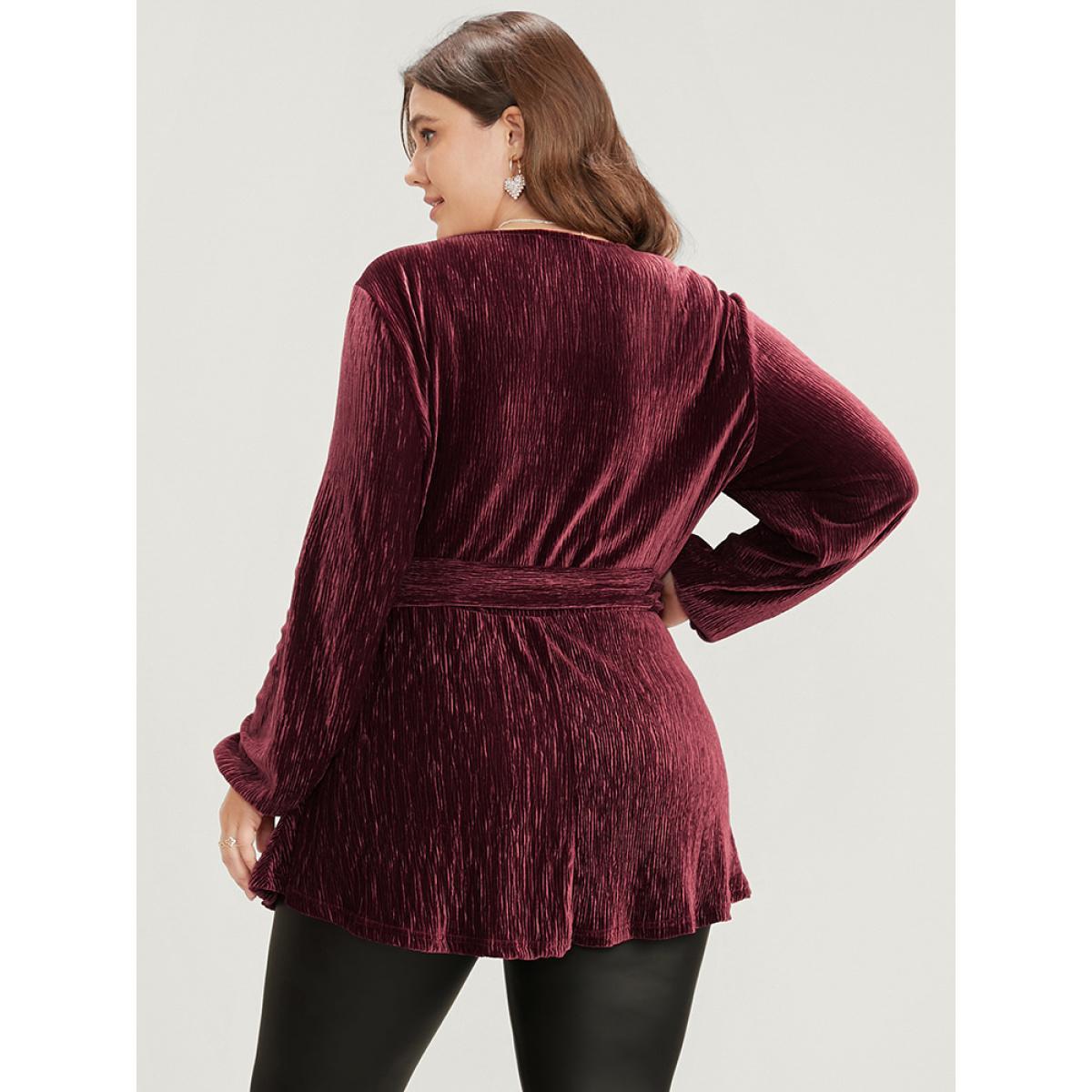 Plus Size Burgundy Glitter Textured Lantern Sleeve Belted Ruffle Blouse Women Party Long Sleeve V-neck Going out Blouses BloomChic 22-24/3X Product Image