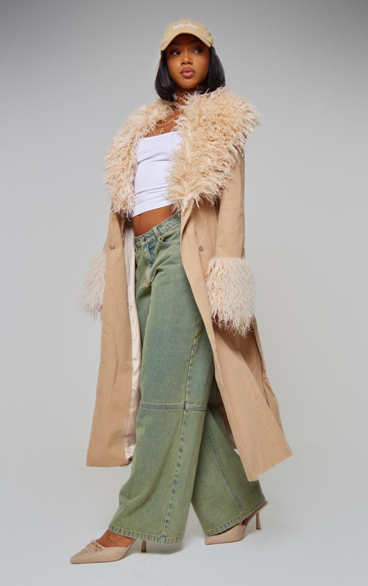  Sand Faux Fur Contrast Collar Self Tie Maxi Coat Product Image