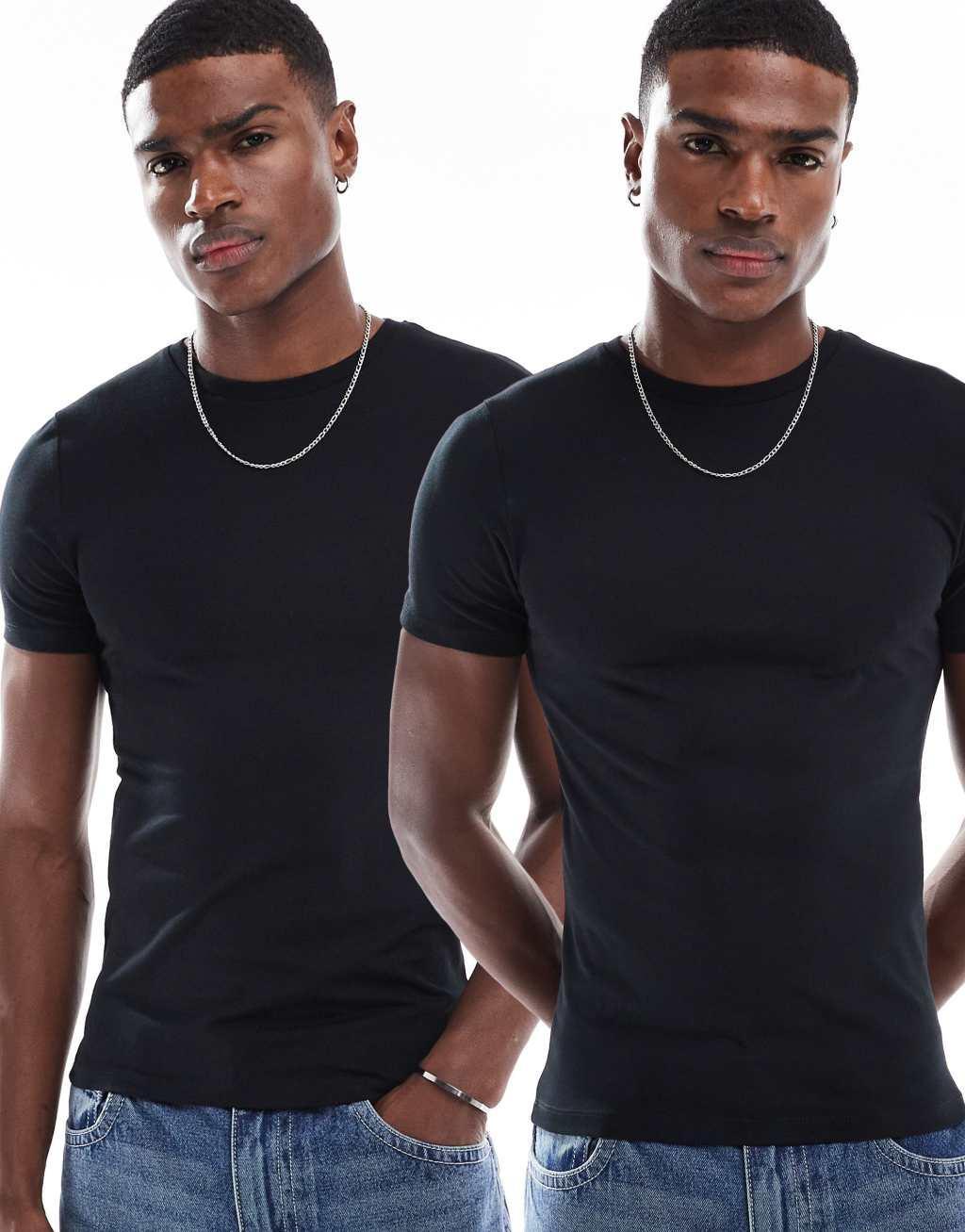ASOS DESIGN essential 2 pack muscle fit t-shirts in black and white Product Image