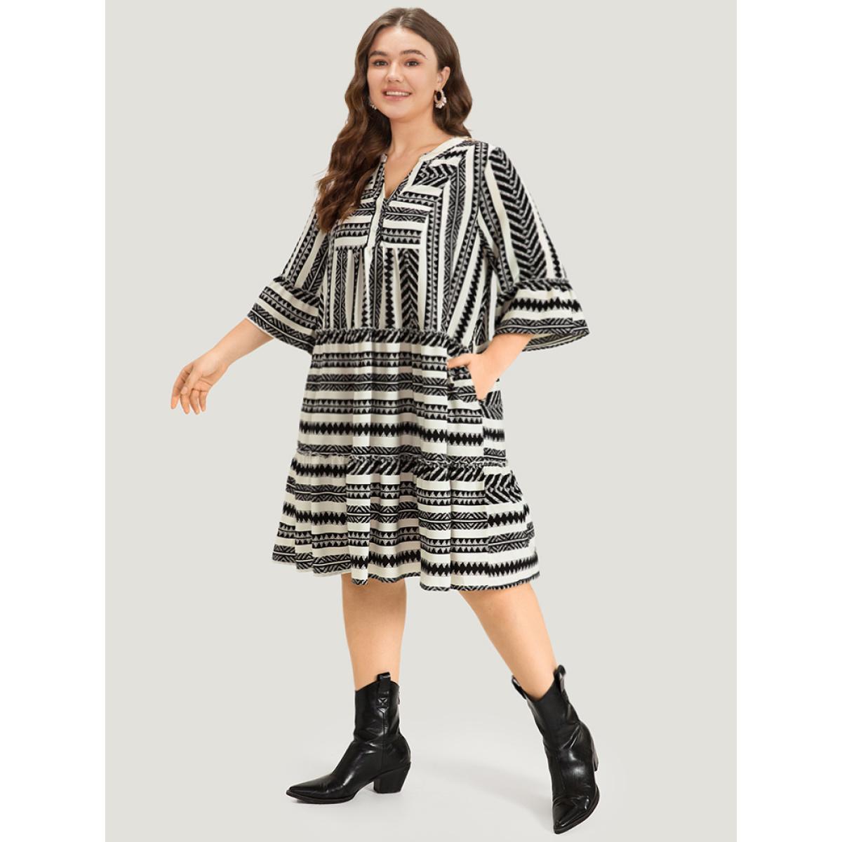 Plus Size Bandana Striped Pocket Button Detail Notched Patchwork Dress White Women Vacation Printed V-neck Elbow-length sleeve Curvy Midi Dress BloomChic 12/L Product Image