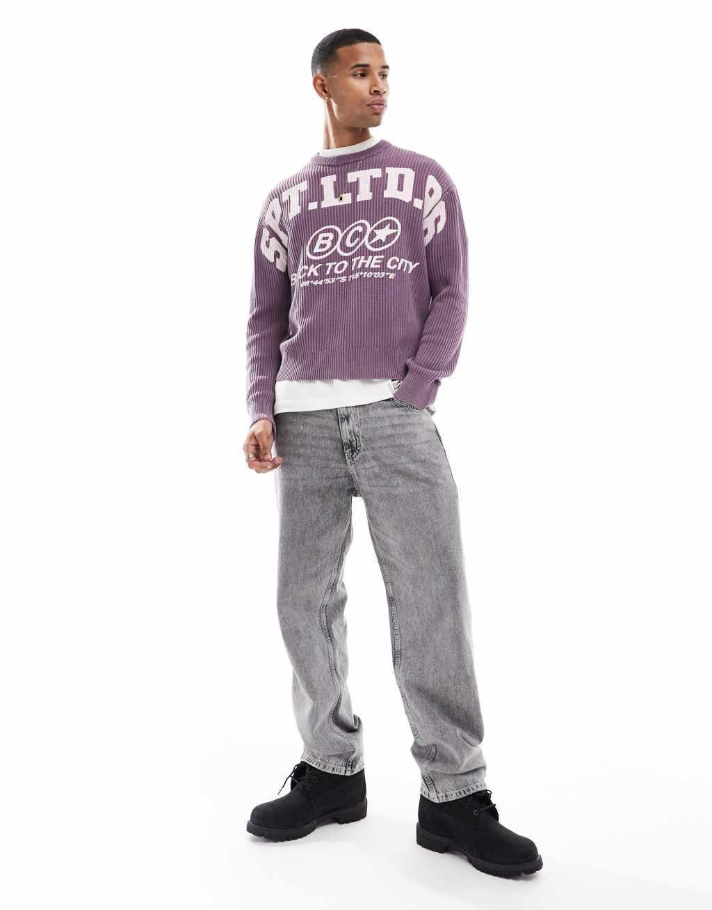 Bershka washed ribbed sweater with graphic in purple Product Image