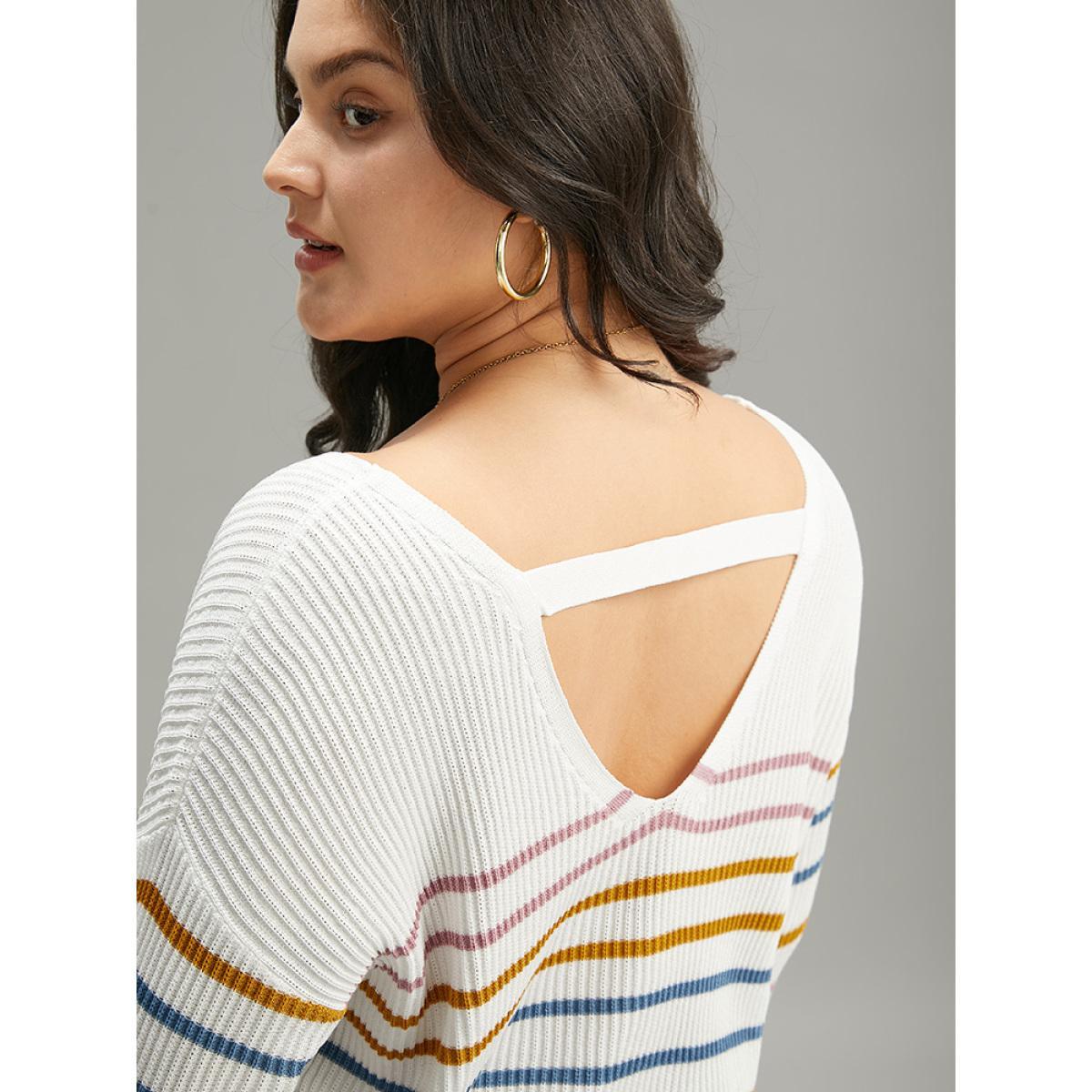 Plus Size Colour Striped V Neck Back Cut Out Pullover Multicolor Women Casual Loose Long Sleeve V-neck Dailywear Pullovers BloomChic 30/6X Product Image