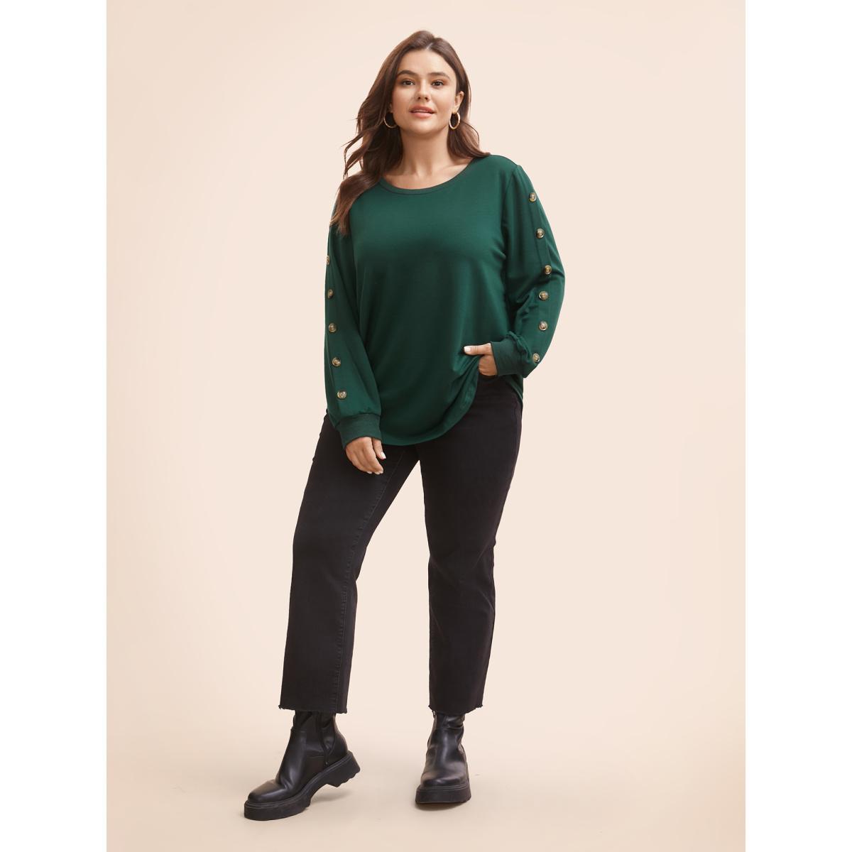 Plus Size Crew Neck Patchwork Button Detail Sweatshirt Women DarkGreen Casual Patchwork Round Neck Everyday Sweatshirts BloomChic 22-24/3X Product Image
