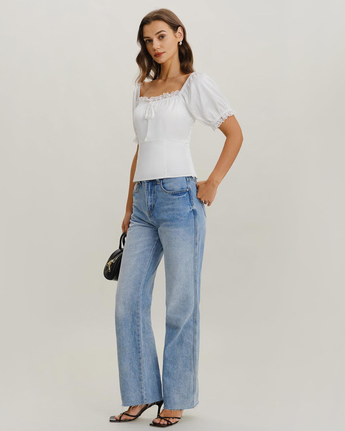 White Square Neck Lace Satin Blouse Product Image