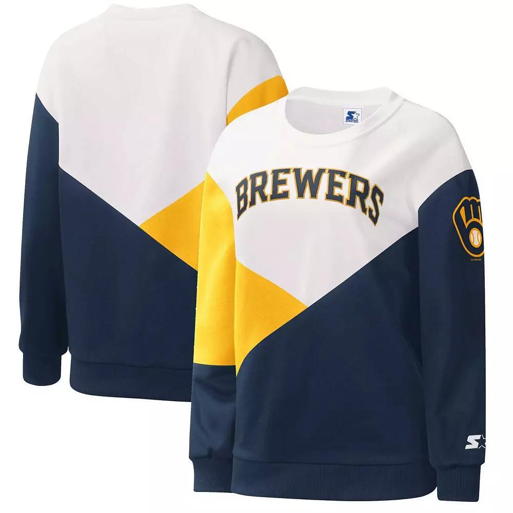 Women's Starter White/Navy Milwaukee Brewers Shutout Pullover Sweatshirt, Size: XS Product Image