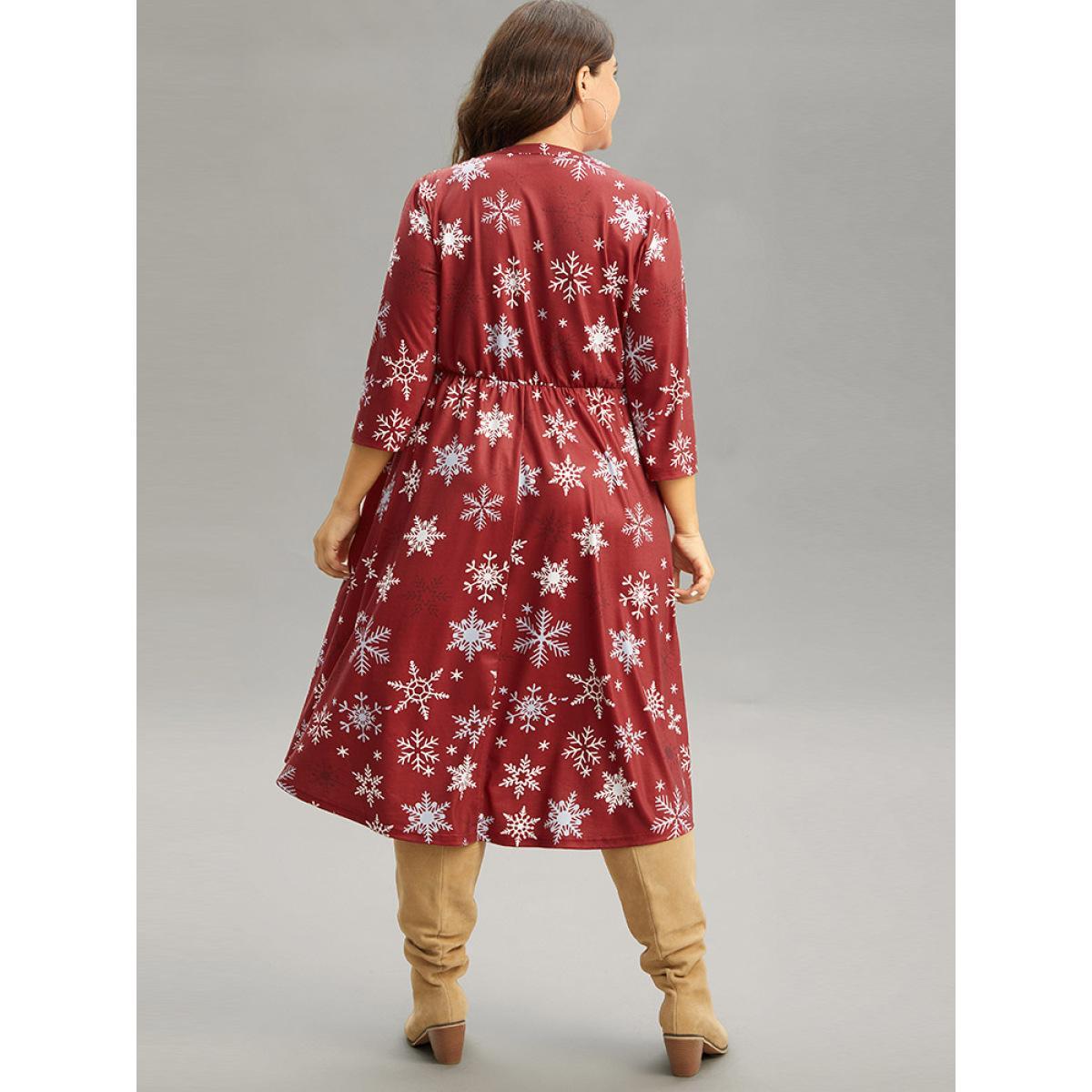 Plus Size Christmas Snowflake Print Pocket Notched Dress Scarlet Women Casual Gathered Notched collar Elbow-length sleeve Curvy Midi Dress BloomChic 12/L Product Image