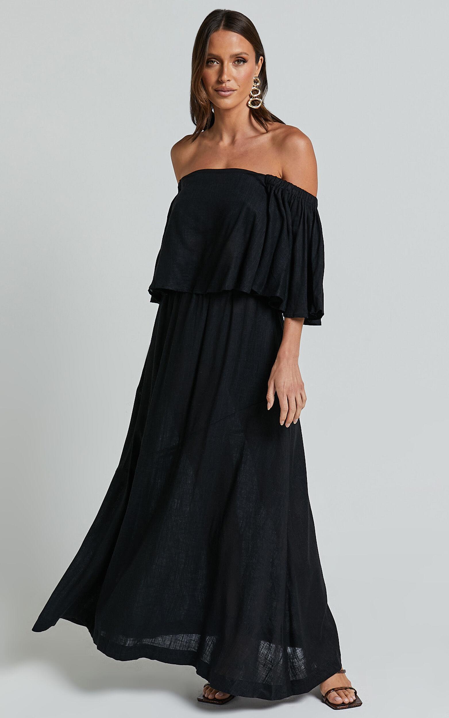 Amalie The Label - Juletta Linen Blend Flutter Sleeve Top and Midi Skirt Two Piece Set in Black Product Image