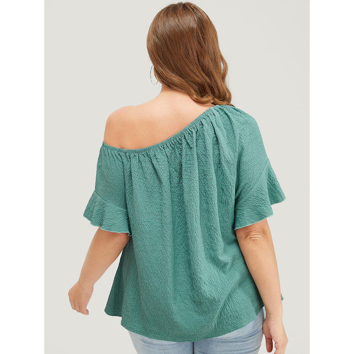 Plus Size Teal Solid Cut Out Knotted Hem Ruffle Sleeve One Shoulder Blouse Women Elegant Short sleeve One Shoulder Dailywear Blouses BloomChic 28/5X Product Image