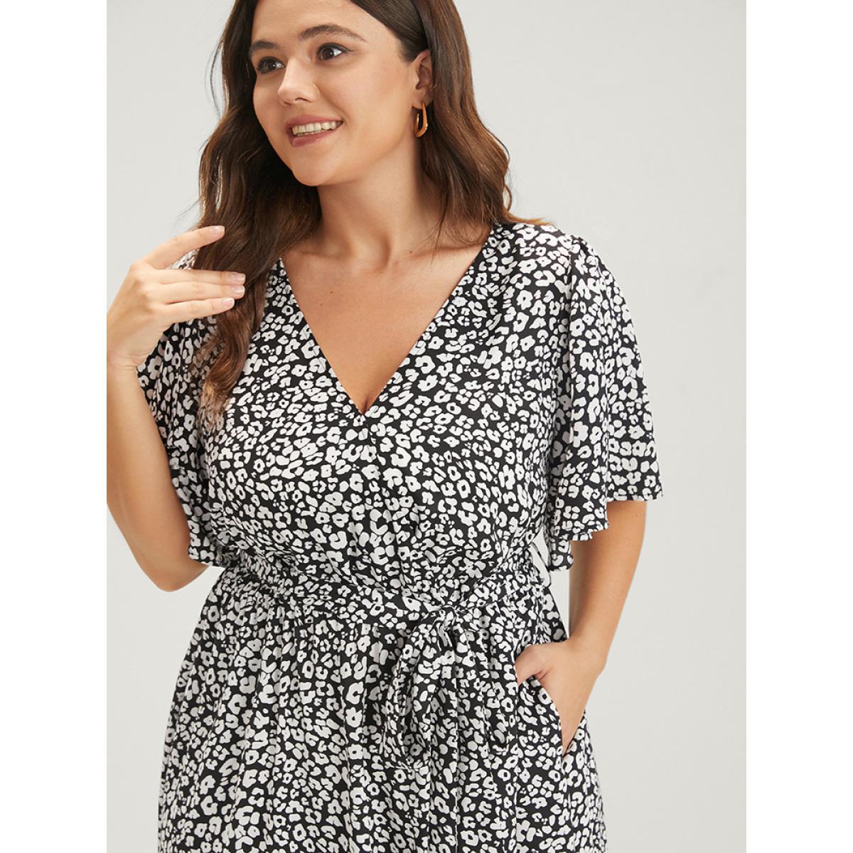 Plus Size Floral Knotted Pocket Flutter Button Wrap Dress BlackFlower Women Elegant Belted V-neck Short sleeve Curvy Midi Dress BloomChic 18-20/2X Product Image