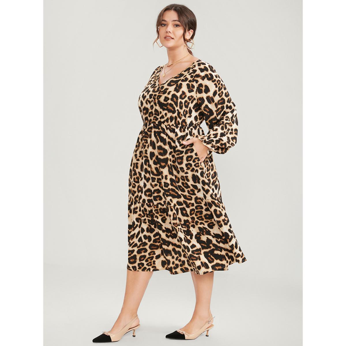 Plus Size Leopard Lantern Sleeve Pocket Ruffles Tiered Dress DarkBrown Women Office Pocket V-neck Long Sleeve Curvy Midi Dress BloomChic 10/M Product Image