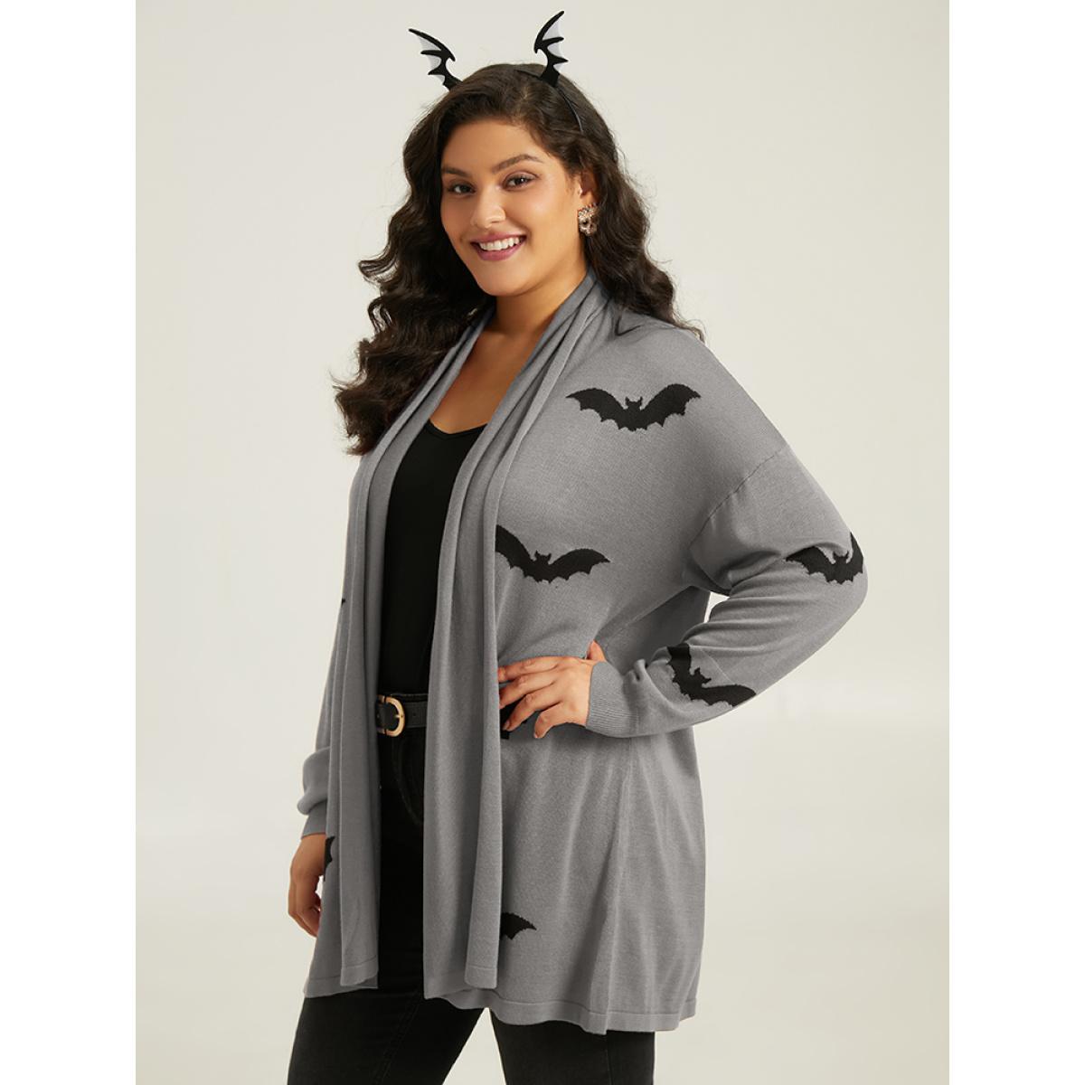 Plus Size Supersoft Essentials Halloween Bat Pattern Lapel Collar Cardigan DarkGray Women Casual Loose Long Sleeve Festival-Halloween Cardigans BloomChic 18-20/2X Product Image