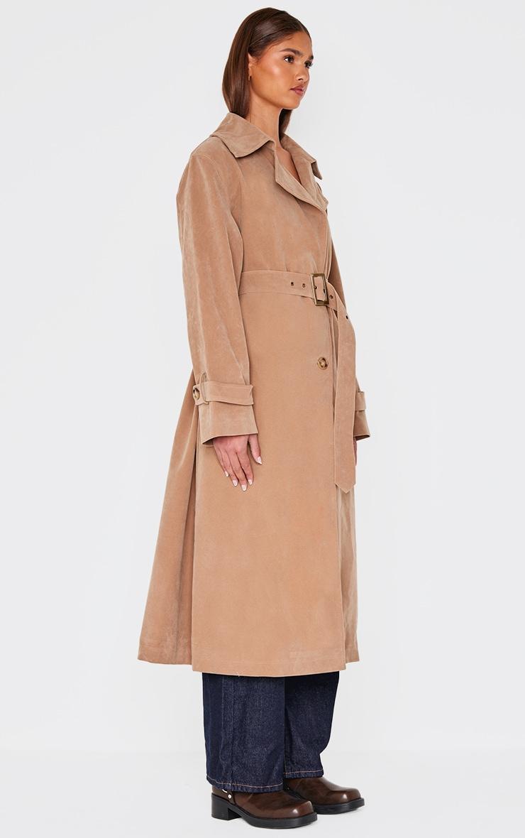 Tan Faux Suede Buckle Belt Trench Coat Product Image